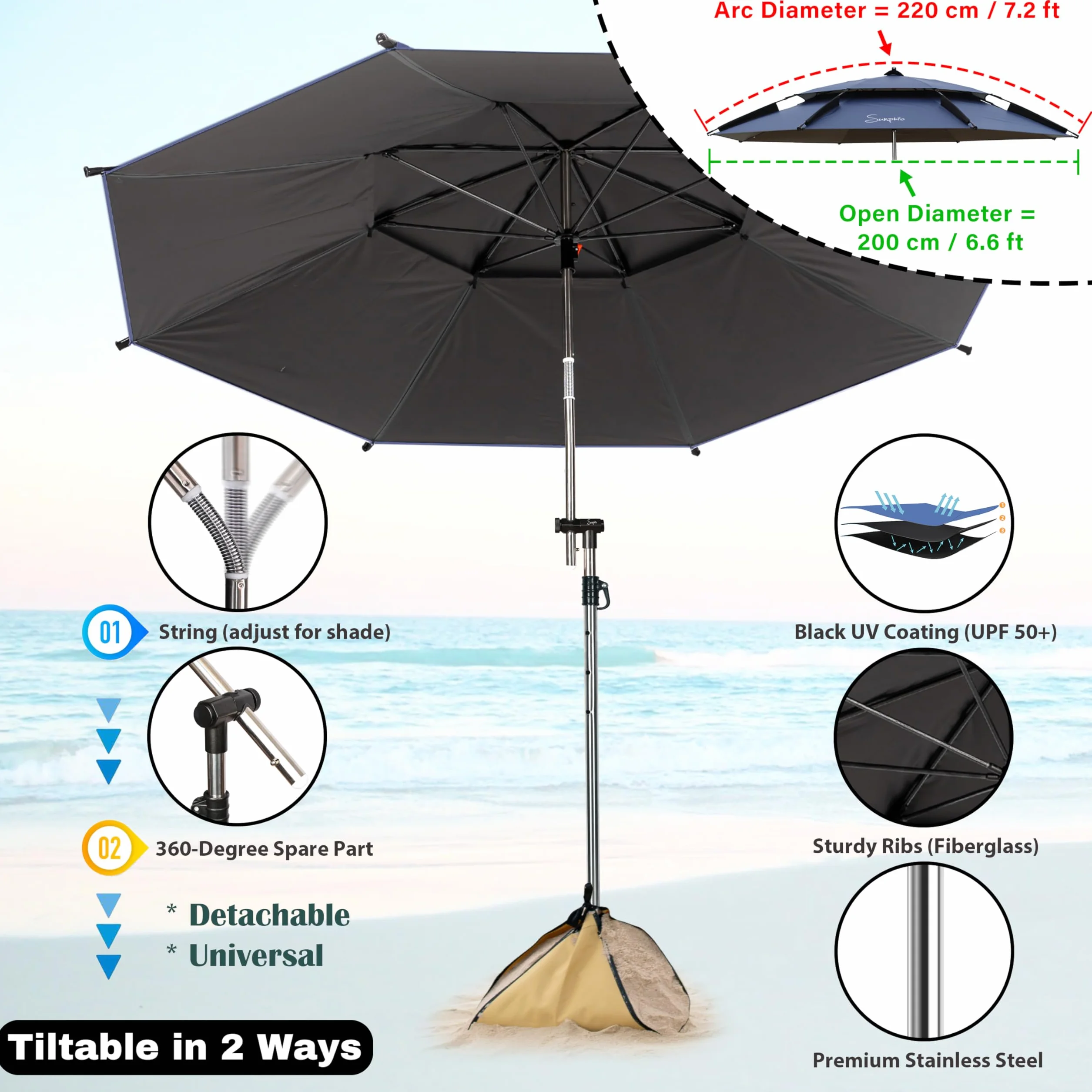 Sunphio Parasol Plażowy 220 cm, Odporny na Wiatr, Ochrona UV 50+, Duży Lekki Parasol Podróżny z Kotwicą, Do Ogrodu i Plaży
