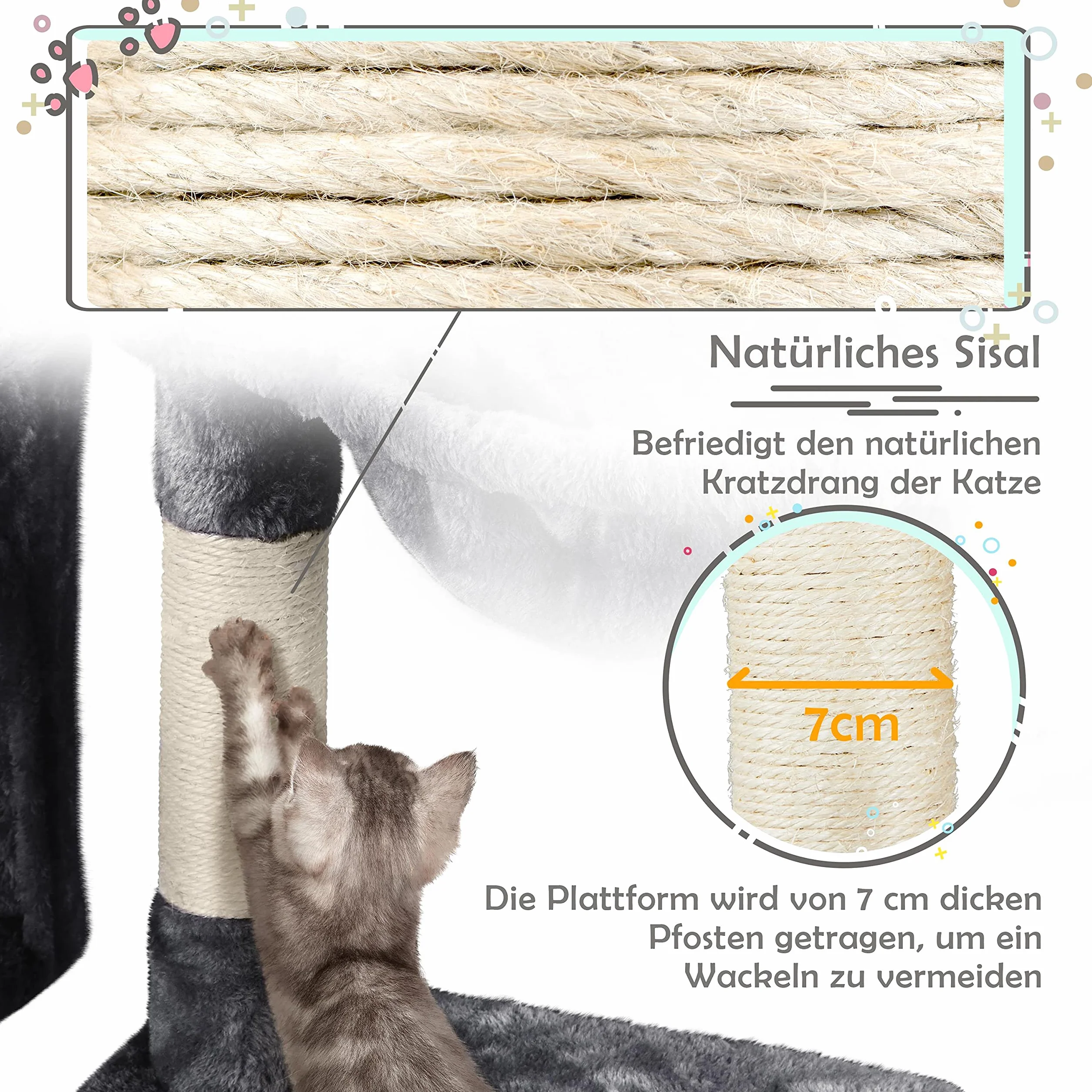 Yaheetech Drapak dla kotów, 96 cm wysokości, z sizalową pluszową budką i koszem, kolor ciemnoszary