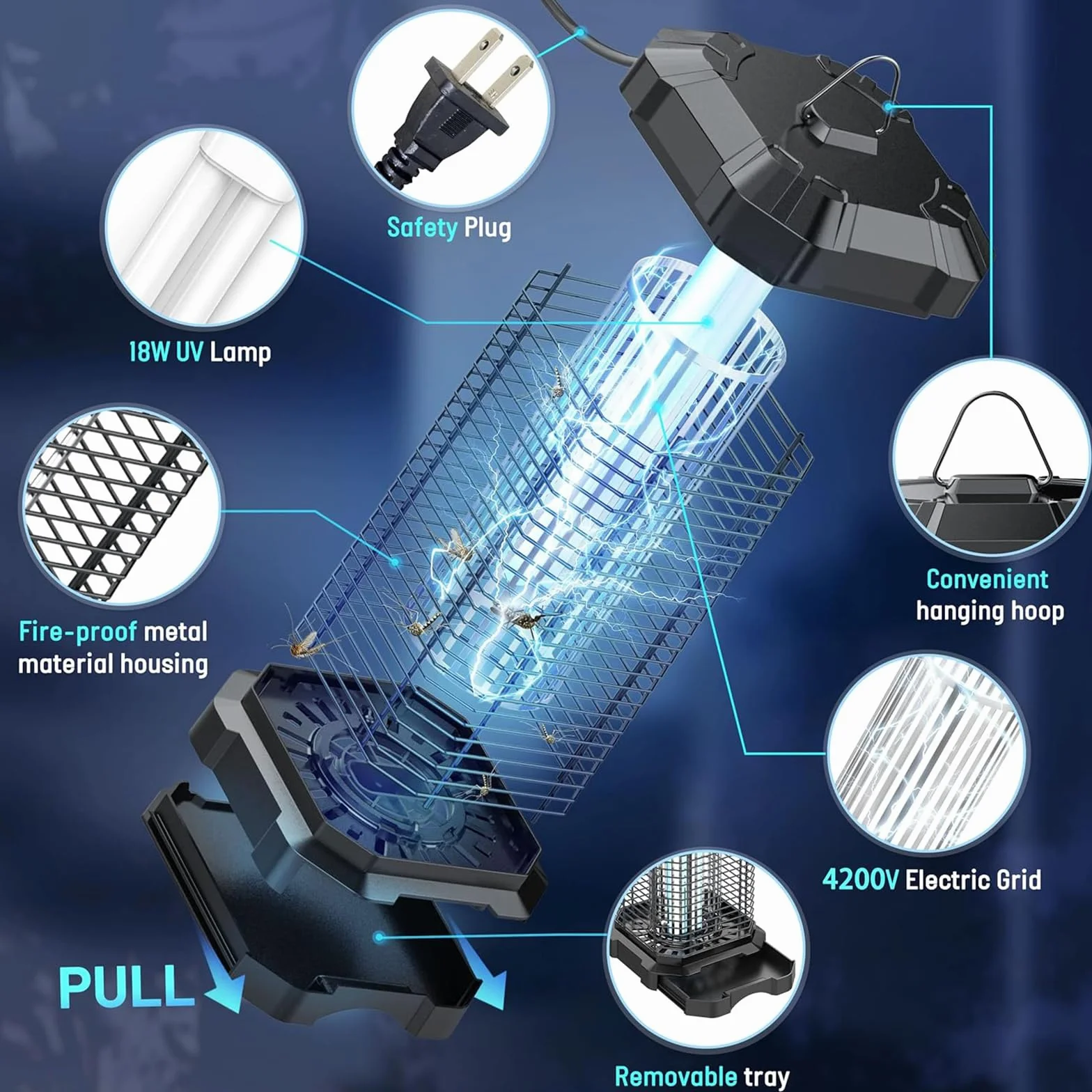 Lampa Przeciwkomarowa 4200V, Elektroniczna Pułapka na Komary, Muchy i Owady, 18W Światło UV do Wnętrz i Na Zewnątrz, Lampa na Moskity