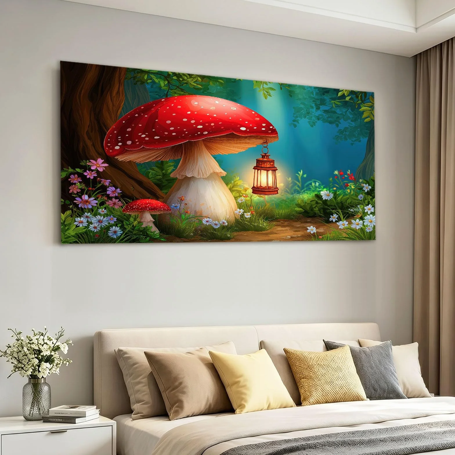 Fantasy Forest – sztuka ścienna, oprawiony obraz na płótnie, oprawiony obraz, do salonu, sypialni, przedpokoju, kuchni lub biura, dekoracja, 90 x 60 cm, zielona dżungla, grzyby, kwiaty, rośliny