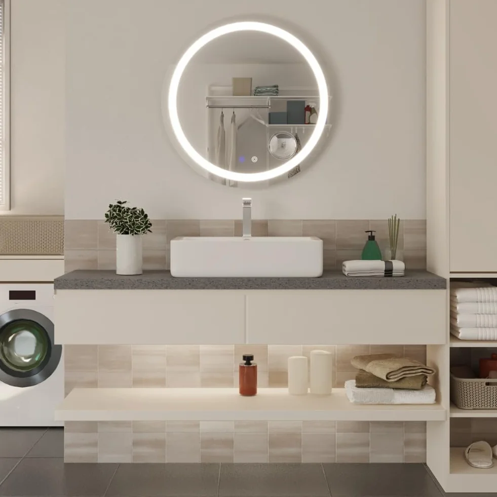 Mondeer Lustro łazienkowe LED, okrągłe, 60 cm, z włącznikiem dotykowym i powłoką zapobiegającą parowaniu, zdejmowane 5 x lupa, 3 kolory światła, możliwość ściemniania, do łazienki (3000 K - 6500 K)