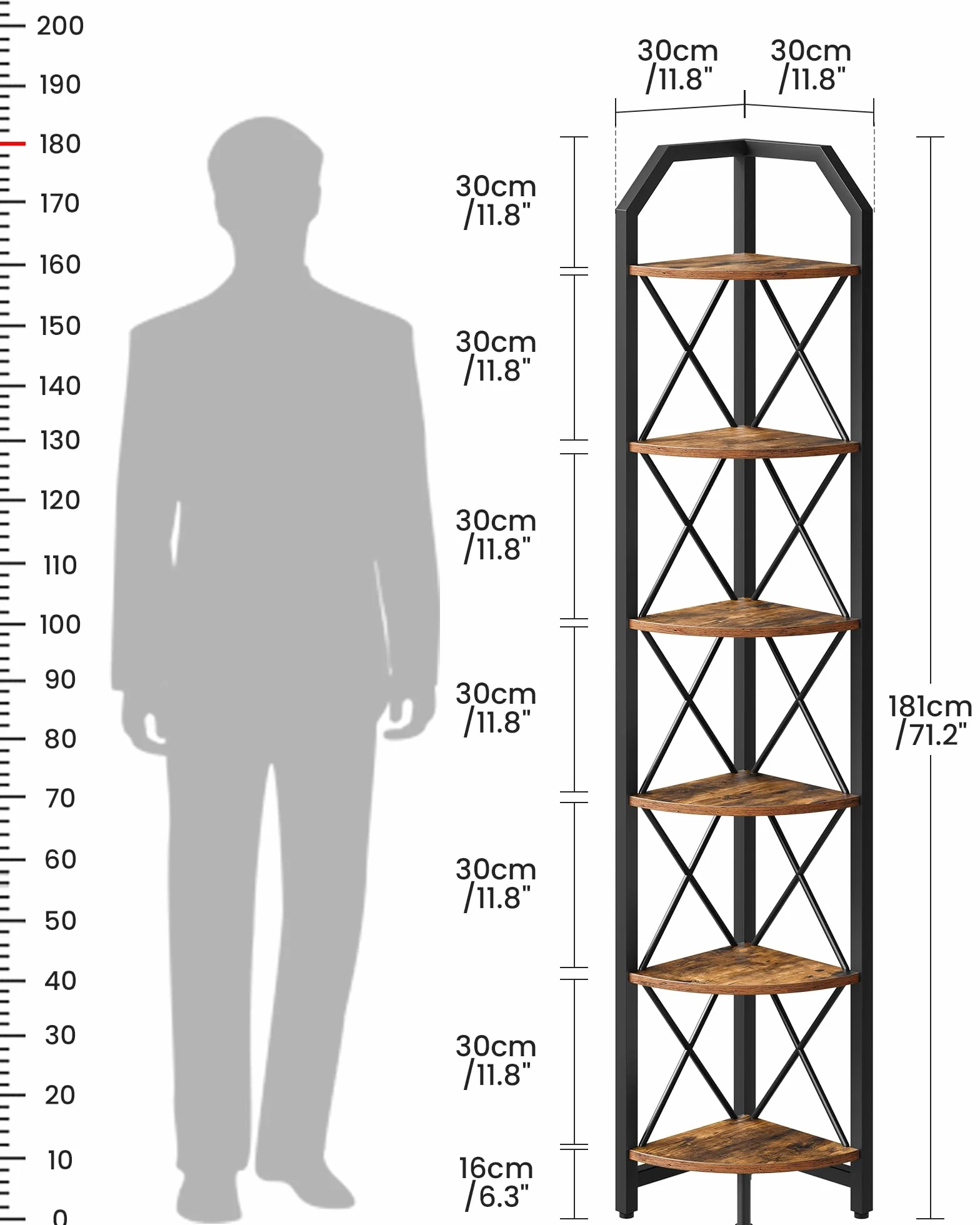 CHOEZON 6-poziomowa półka narożna, przemysłowy narożny regał na książki, 180 cm, stojak na rośliny, regał narożny do sypialni, salonu, biura domowego, rustykalny brązowy i czarny TCJ11BF