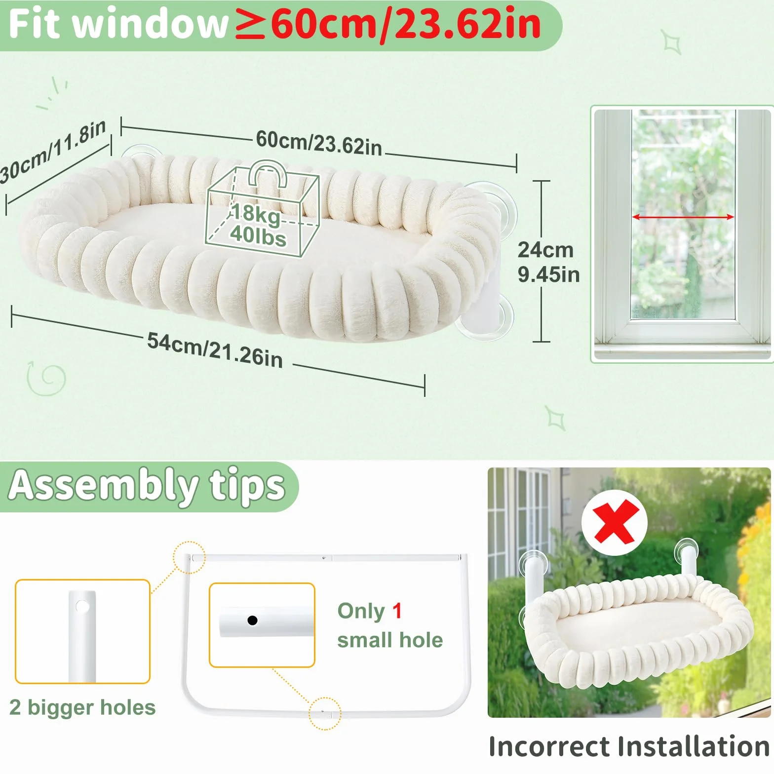 GUUSII HOME Leżanka okienna dla kotów, składana, dla kota, na parapet, 4 przyssawki, nakładka na parapet, nadaje się do prania w pralce, miękki plusz, 54 x 30 cm, kolor biały, rozmiar M