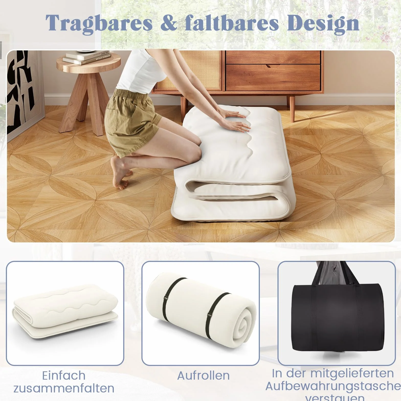COSTWAY Japoński materac futon, mata tatami, materac podłogowy, składany materac z poszewką nadającą się do prania, składana mata do spania z torbą do noszenia, beżowy, 90 x 200 cm
