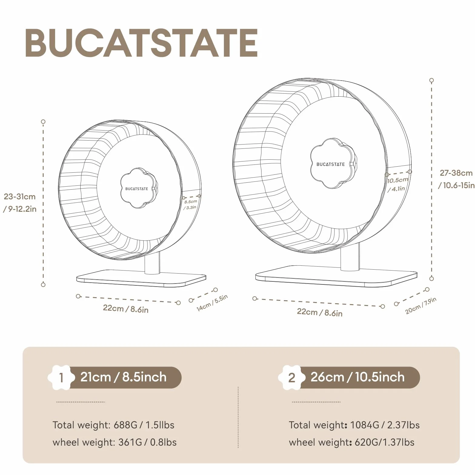 BUCATSTATE Koło do ćwiczeń chomika 26 cm super ciche z regulowaną podstawą