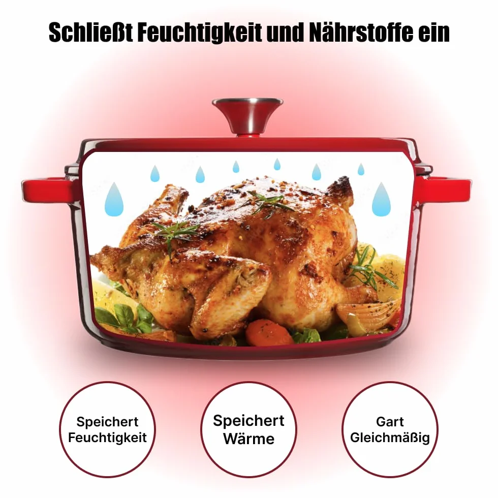 Holenderski garnek żeliwny - Emaliowany garnek żeliwny z pokrywką i szerokimi uchwytami do pieczenia w kuchni, duszenia - pojemność 3.5L, czerwony