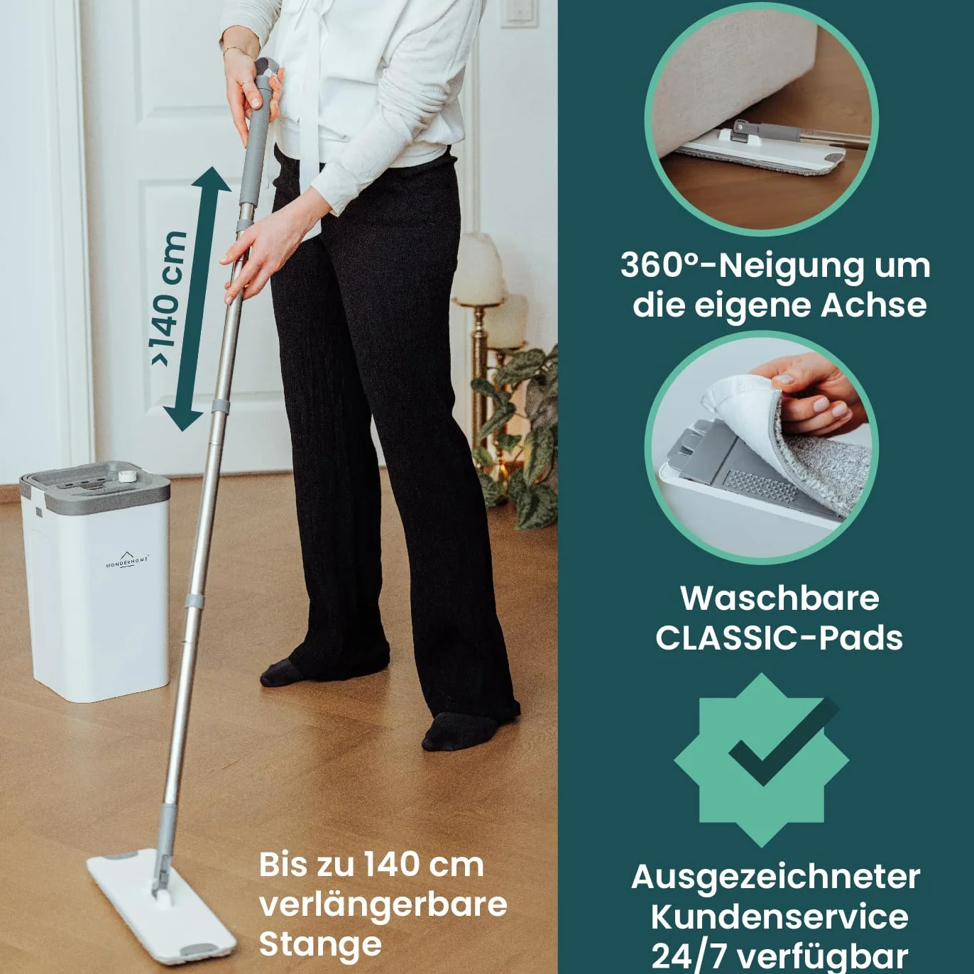 Zestaw mop podłogowy z wiadrem, oddziela brud od świeżej wody, 3-komorowe wiadro, funkcja wyciskania, do każdej podłogi, z dłuższym drążkiem 140 cm