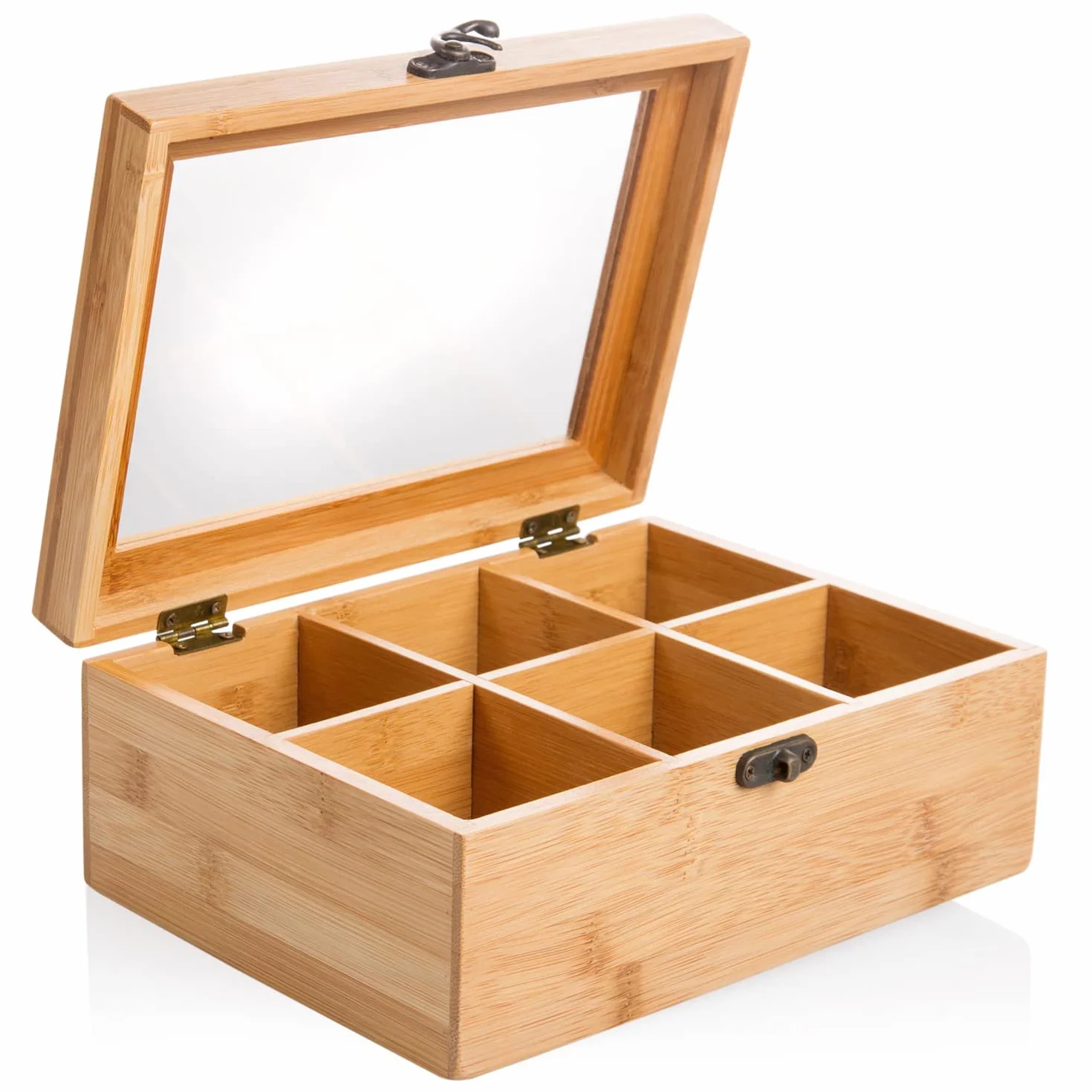 wenco Pudełko na herbatę premium z 6 przegródkami, 21,7 x 16 x 9 cm, bambusowe, jasnobrązowe
