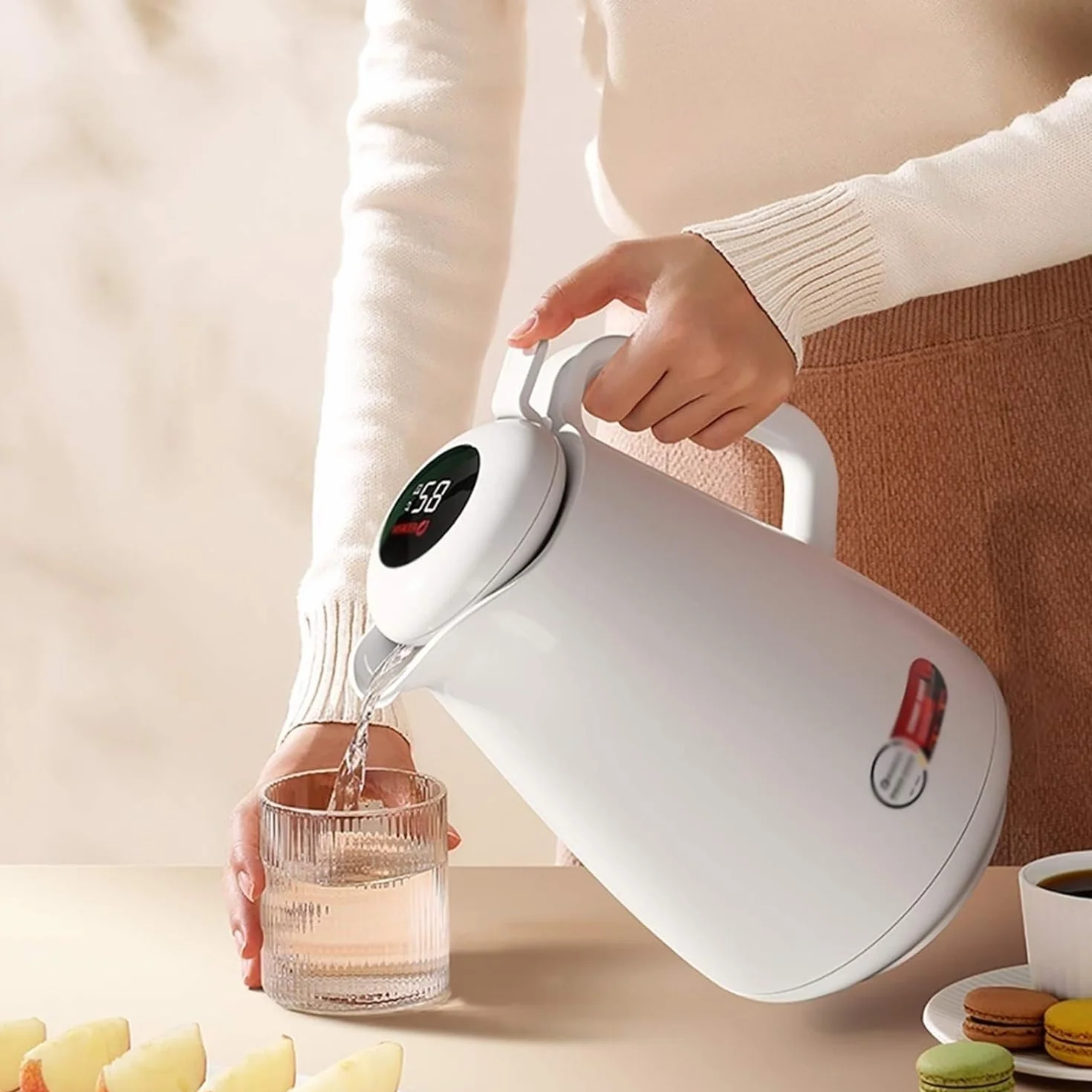 Termiczna karafka do kawy dzbanek do herbaty z pokrywką – dzbanek termiczny 1,5 l – szklana wkładka z wyświetlaczem temperatury – zatrzymywanie ciepła przez 24 godziny (różowy)
