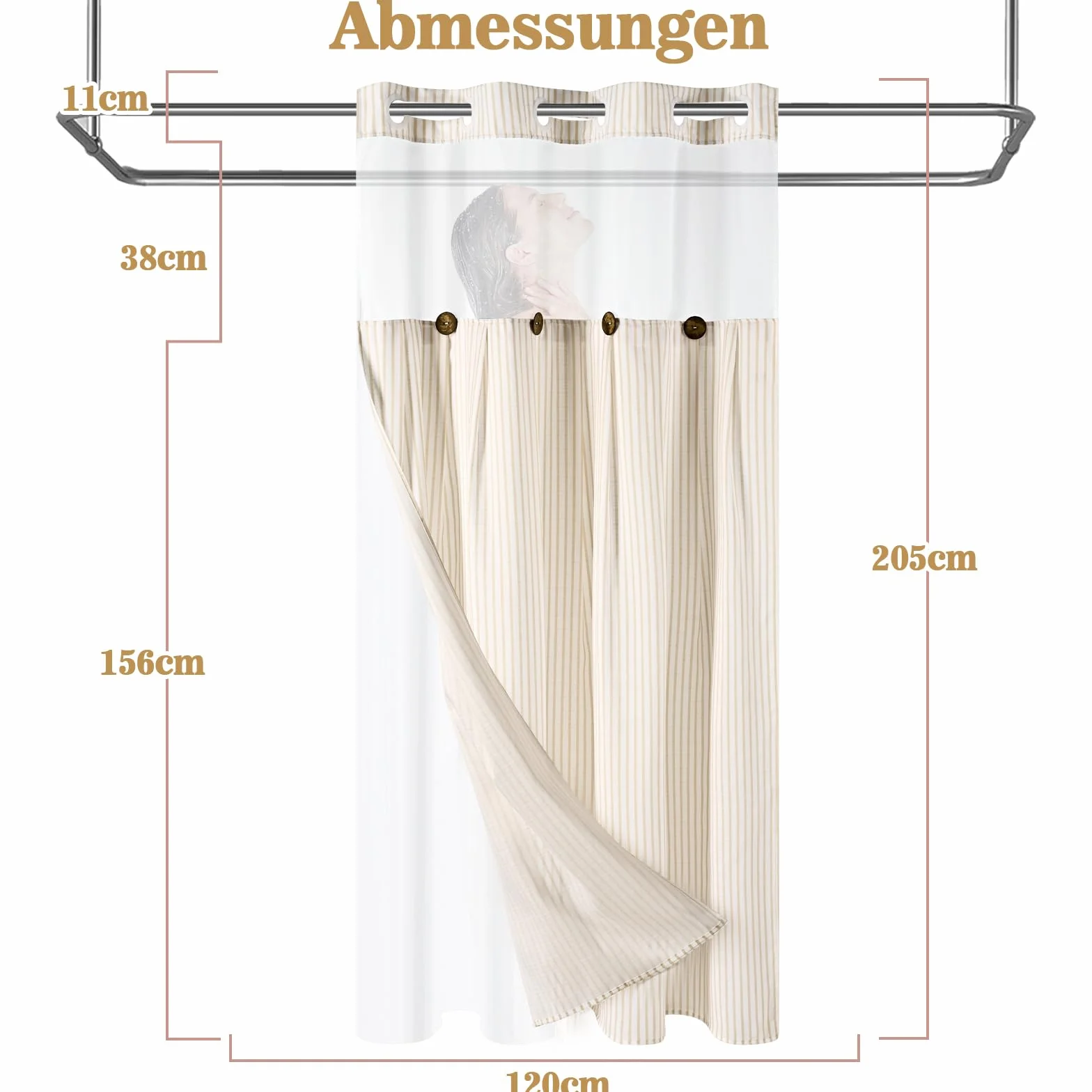 Alishomtll Zasłona prysznicowa 120 x 205 cm, beżowa, białe paski, ochrona przed pleśnią, tekstylna zasłona łazienkowa, nadaje się do prania, dwuwarstwowa zasłona prysznicowa z podszewką na zatrzask i