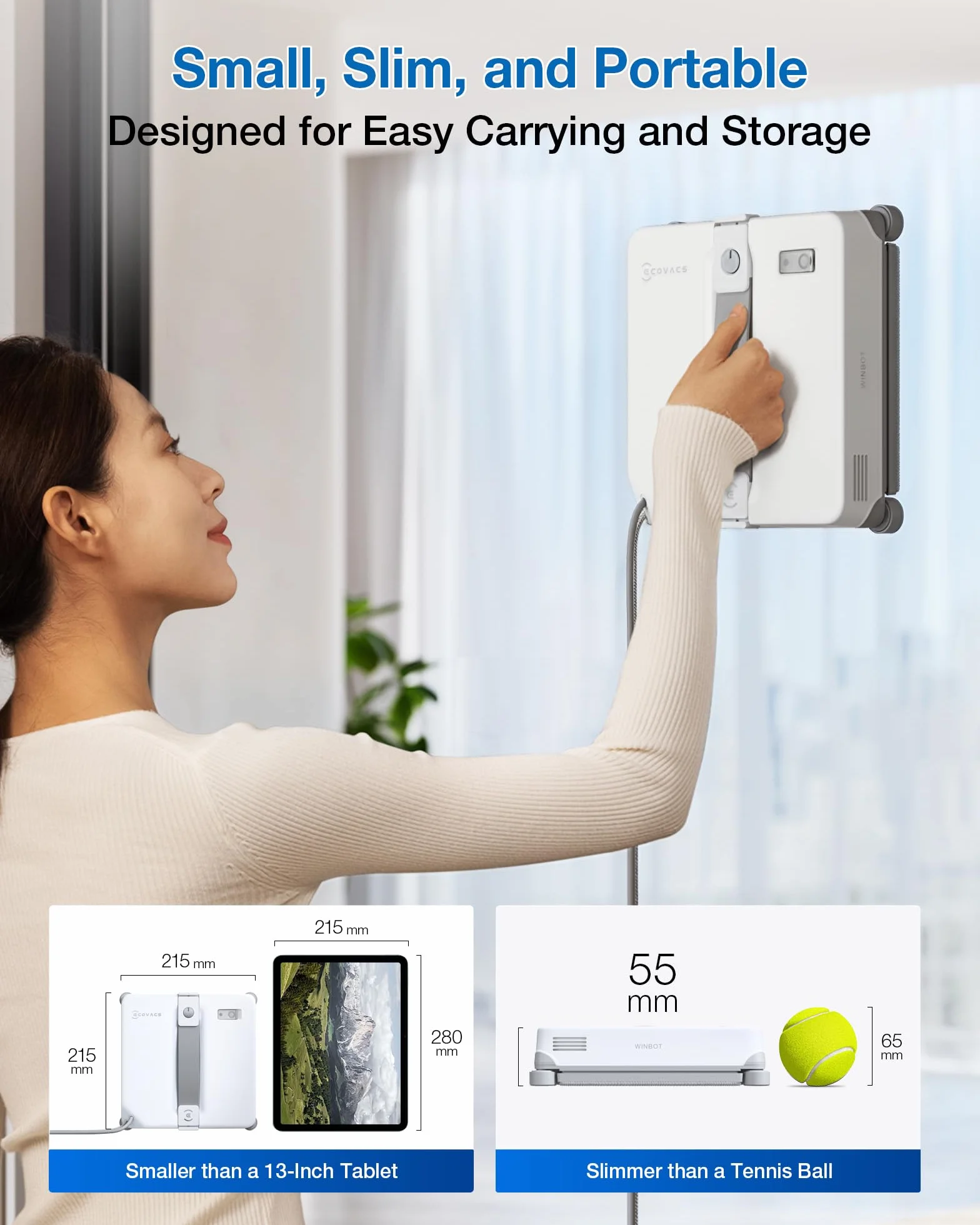 ECOVACS WINBOT Mini 2 robot do mycia okien ze szczotkami narożnymi i rozpylaniem ultradźwiękowym, ultra cienki i lekki, do wąskich okien, inteligentna nawigacja, 6 trybów aplikacji, 10-stopniowy