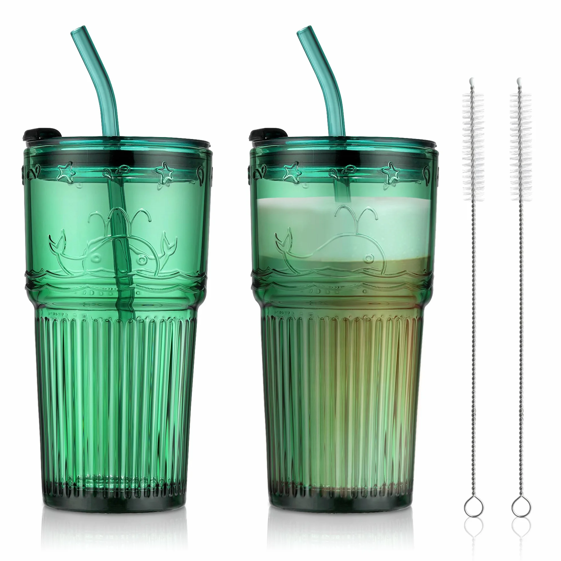 Joeyan 550 ml zielony szklany kubek ze słomką i pokrywką, zestaw 2 żebrowanych szklanych słoików do jazdy z wytłoczonym wzorem wieloryba, szklane szklanki do wody ze słomką do smoothie, lodowej kawy,