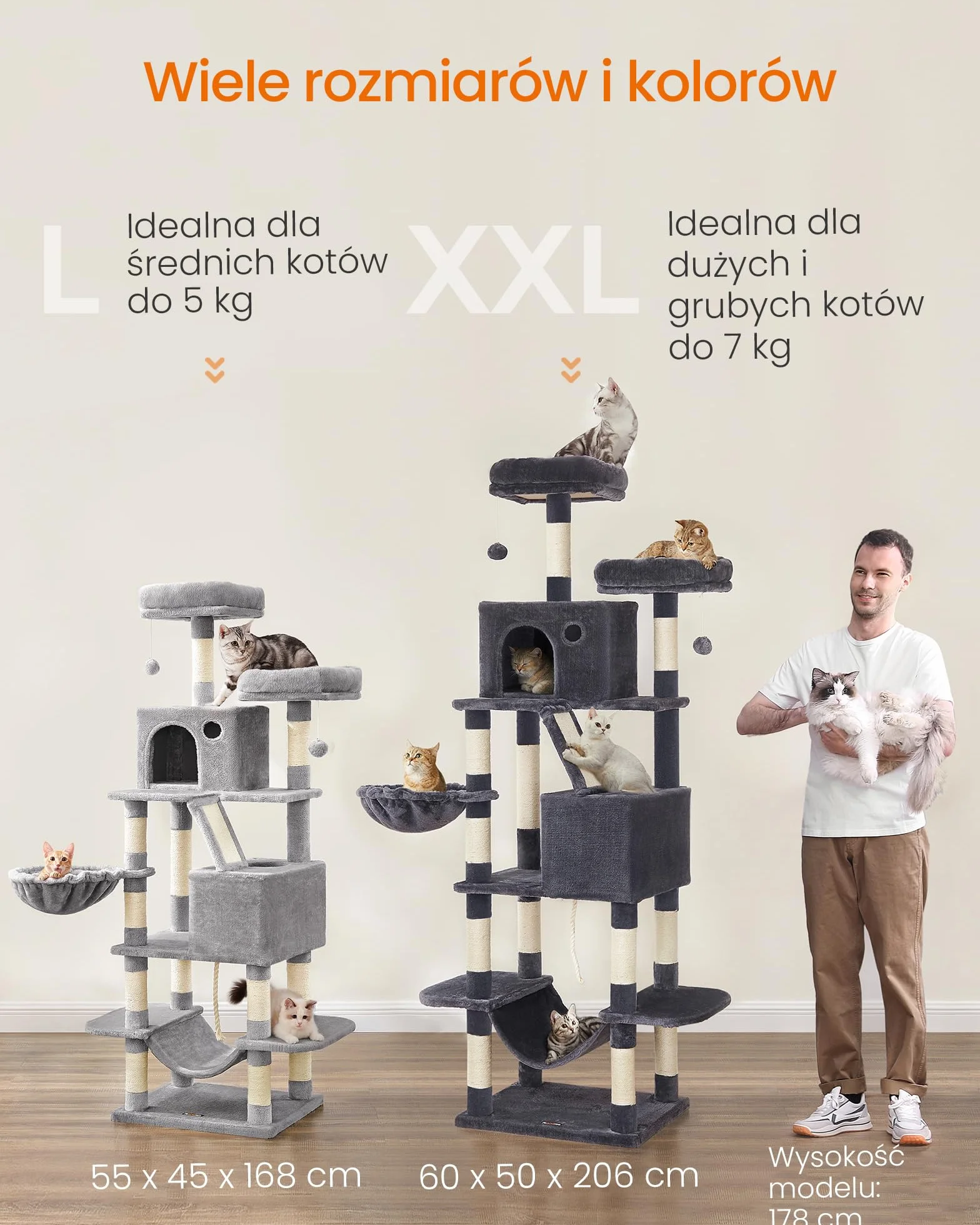 Feandrea duży drapak dla kota XXL 206 cm 13 kolumn 2 platformy 2 jaskinie kosz hamak jasnoszary