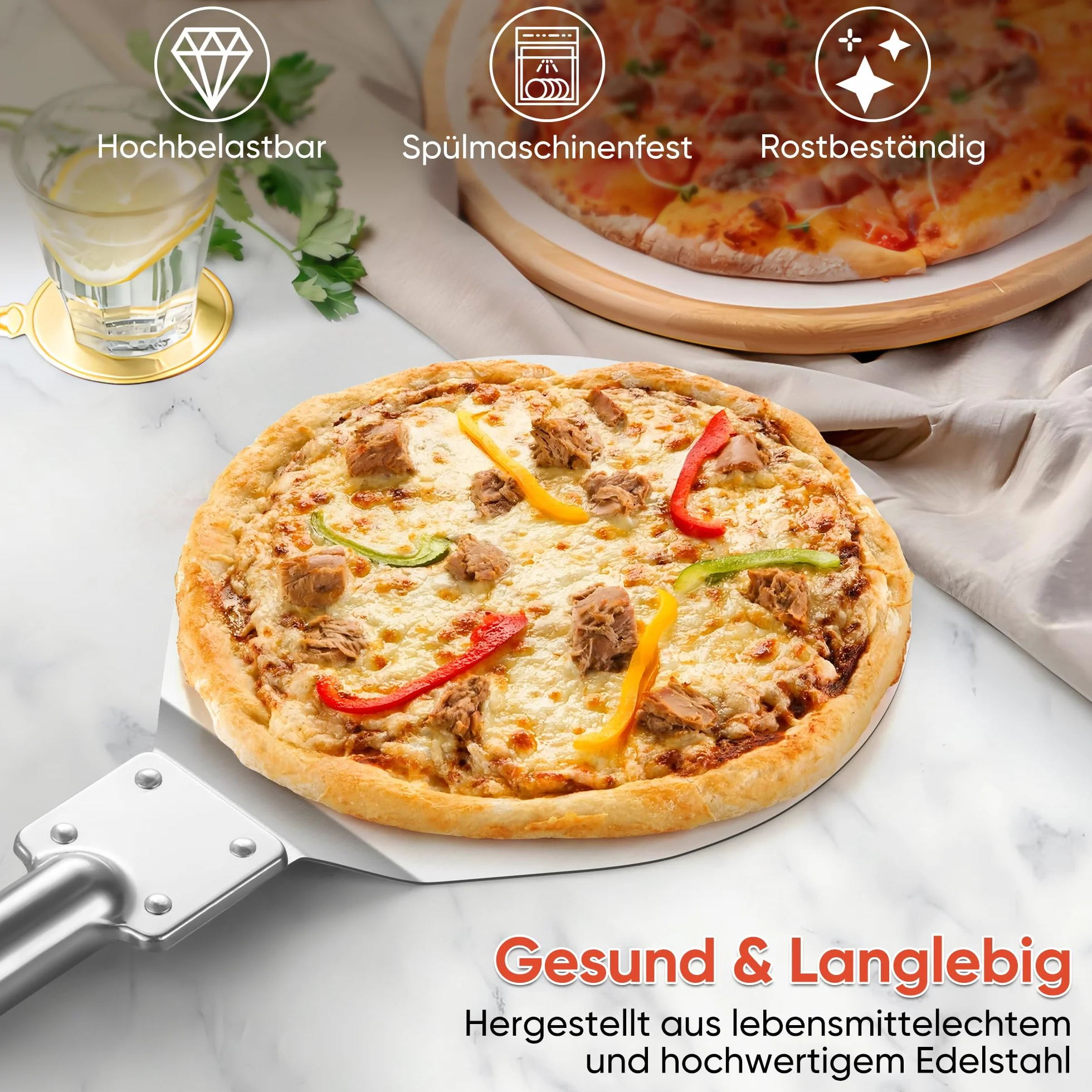 TEAMFAR Łopatka do pizzy, 20,3 x 22,7 x 110 cm, perforowana stal nierdzewna, okrągła, duży obszar i zdejmowany uchwyt