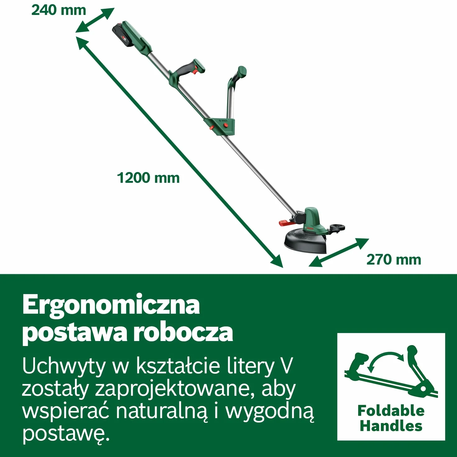 Bosch UniversalGrassCut 18V-26, Akumulatorowa podkaszarka do trawy (bez akumulatora, system 18V, średnica cięcia: 26 cm, regulowane uchwyty, opakowanie kartonowe), Zielona