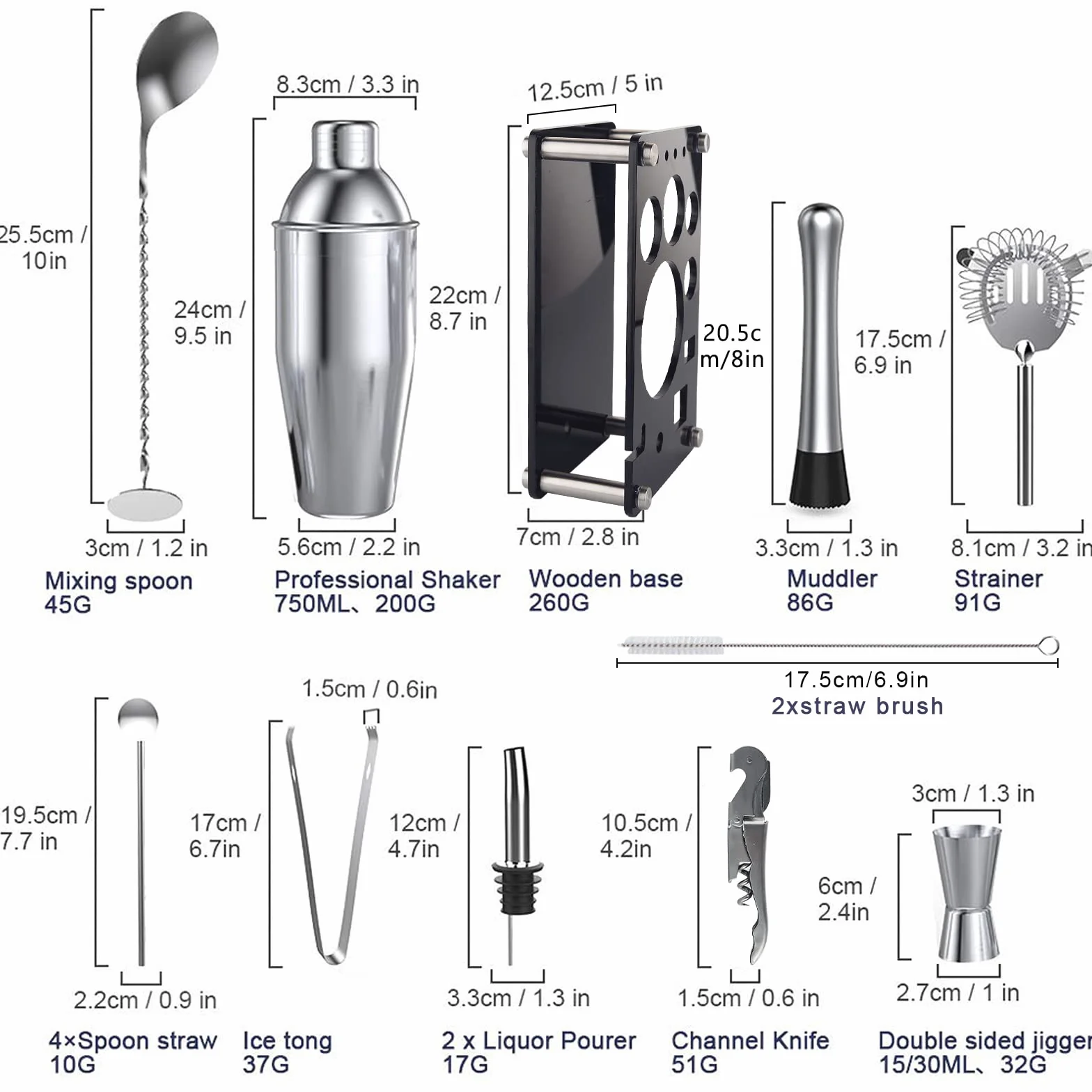 Shaker Cocktail Set 750 ml, 17 sztuk Barman zestaw ze stali nierdzewnej, profesjonalny kompletny zestaw Barman, zestaw narzędzi do baru z kryształową półką, przepis, do domu, baru i na imprezy