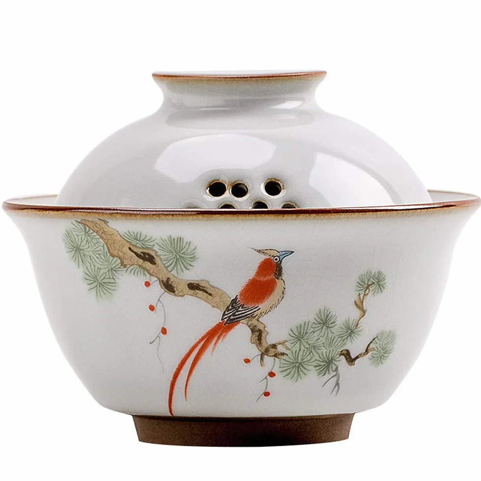 Elegancki chiński ceramiczny zestaw do herbaty wzór ptaka Gaiwan i miska wysokiej jakości akcesoria do herbaty do dekoracji domu dla entuzjastów herbaty i kolekcjonerów