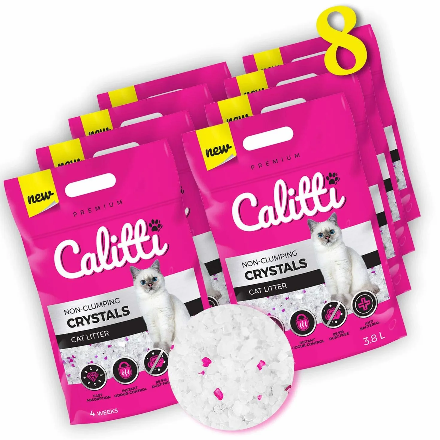Calitti - żwirek silikatowy dla kotów | Premium Crystals żwirek silikatowy | Antybakteryjny żwirek dla kotów | Zestaw 8 x 3,8 L = 30 L