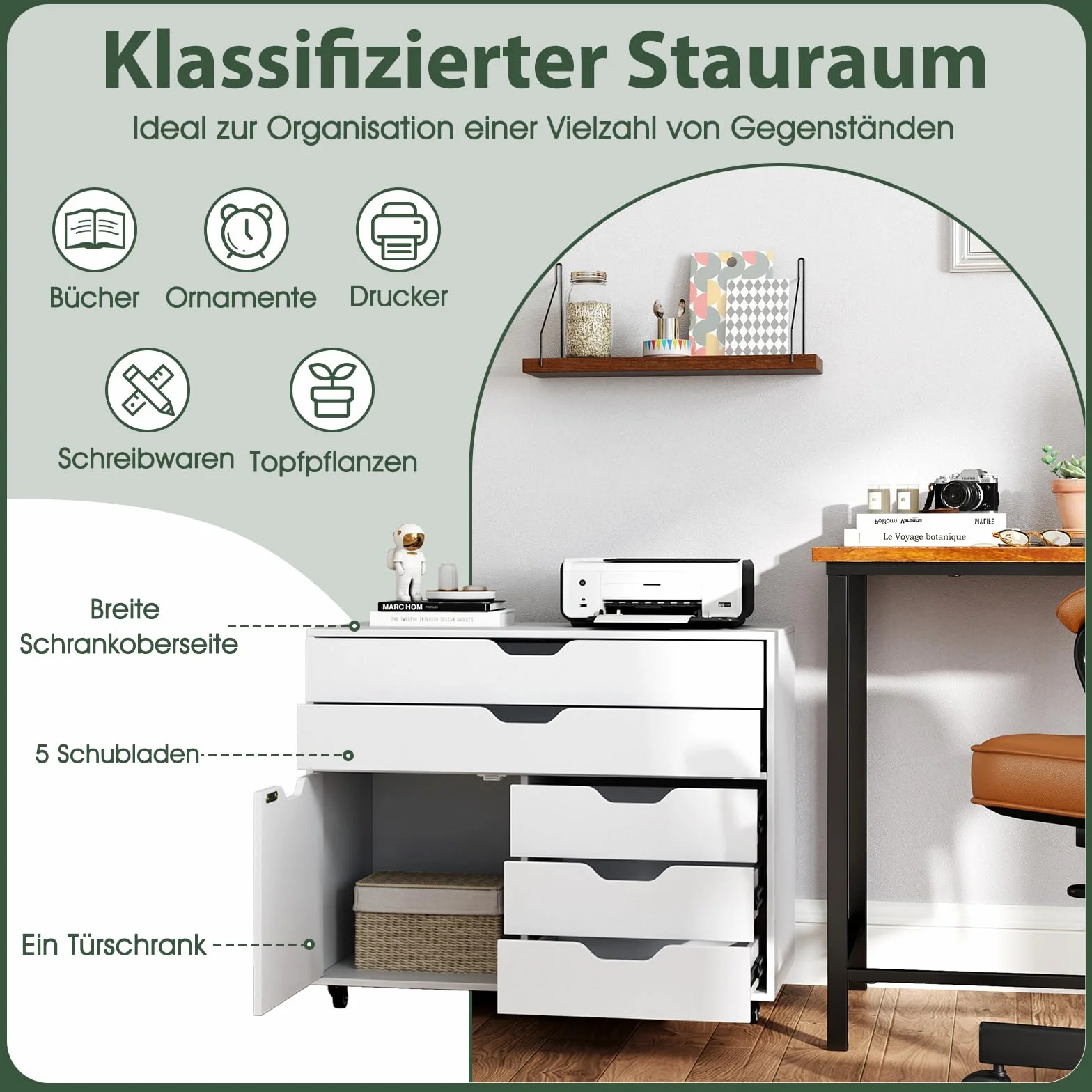 COSTWAY Kontener na kółkach z 5 szufladami i szafką, mobilna szafka na dokumenty z kółkami, szafka z szufladami z blatem roboczym, wózek na kółkach, kontener biurowy z drewna, do domu, biura, biały