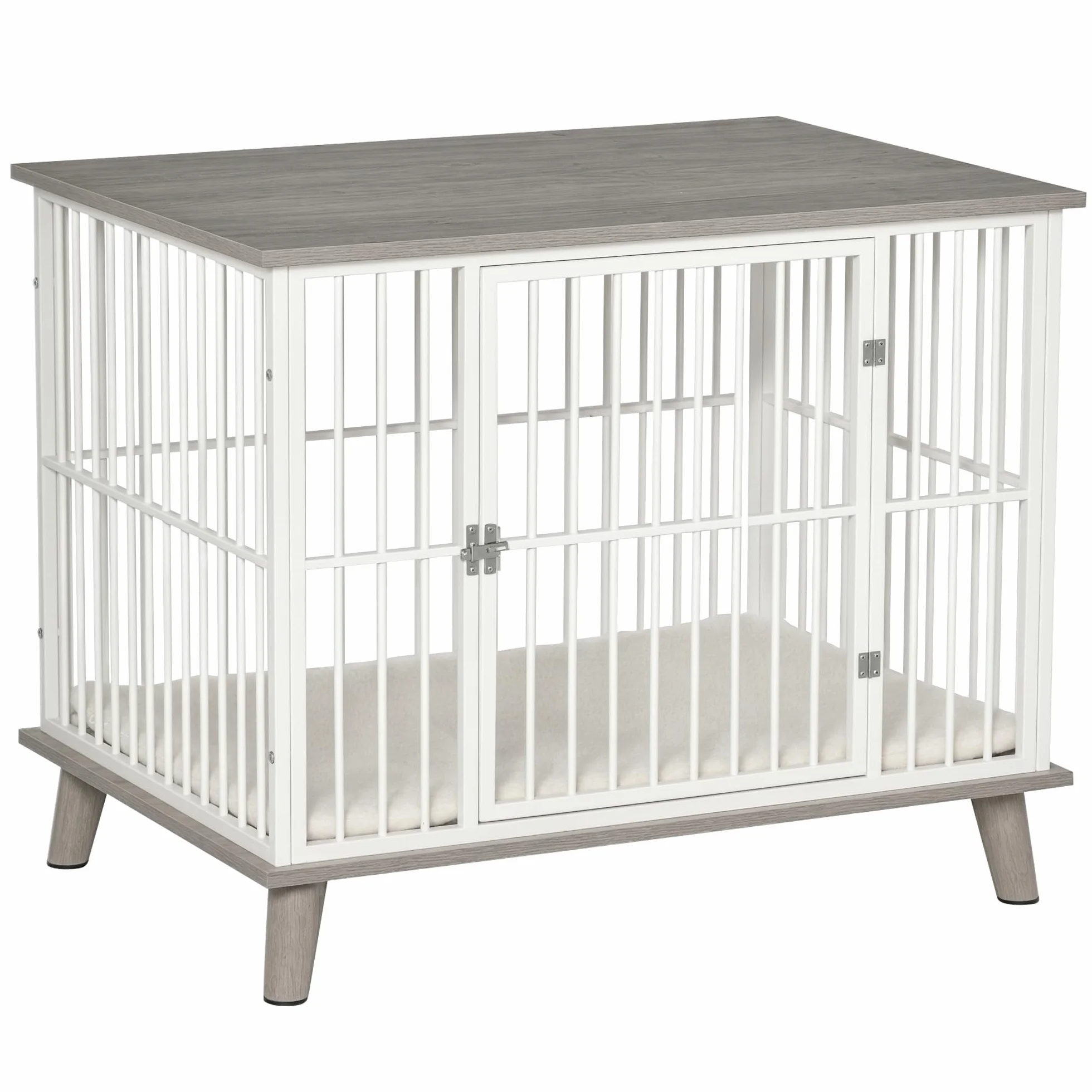 PawHut klatka dla psa drewniana z poduszką blat podwyższony design klatka dla psów średnich do domu klatka dla zwierząt domowych kolor biały+szary 86 x 60 x 70 cm