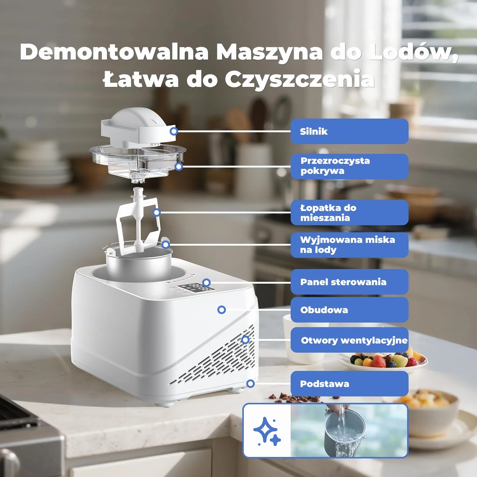 maszynka do lodów z kompresorem 1L, maszynka do lodów z samochłodzącym kompresorem z wyjmowanym pojemnikiem na lód, w zestawie łyżka/kubek z miarką z skalą