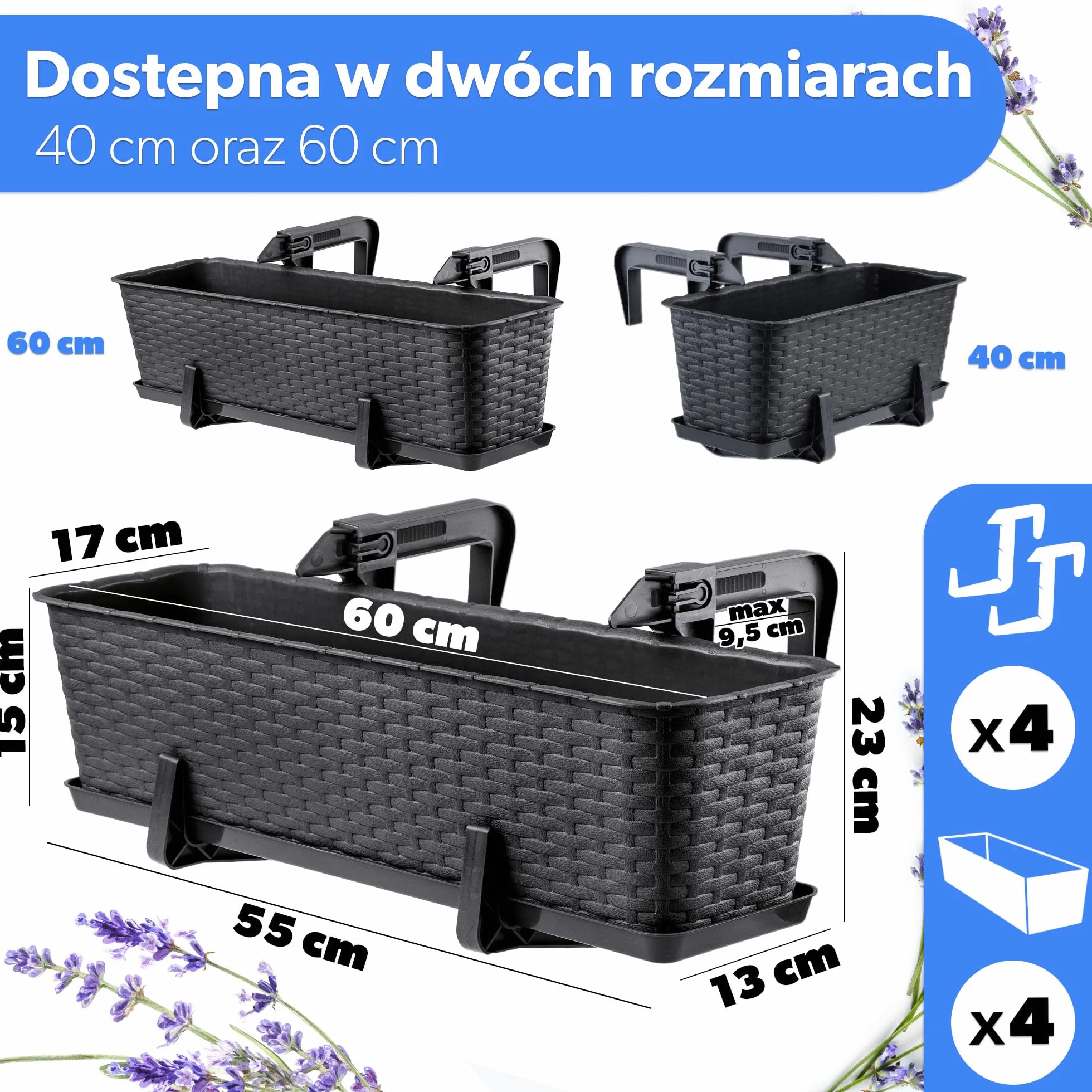KADAX Zestaw 4 szt. Skrzynki balkonowe 60 cm, antracyt, na balkon i do ogrodu, są odporne na warunki atmosferyczne i mają stabilną konstrukcję.