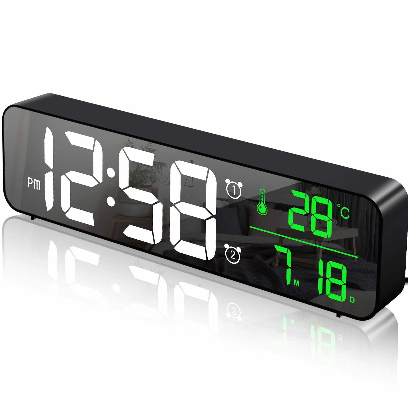 MOSUO Budzik cyfrowy LED, zegar ścienny, duże cyfry, zegar stołowy z datą i temperaturą, zegar cyfrowy USB, 2 alarmy, 40 dźwięków, regulowana jasność, czarny