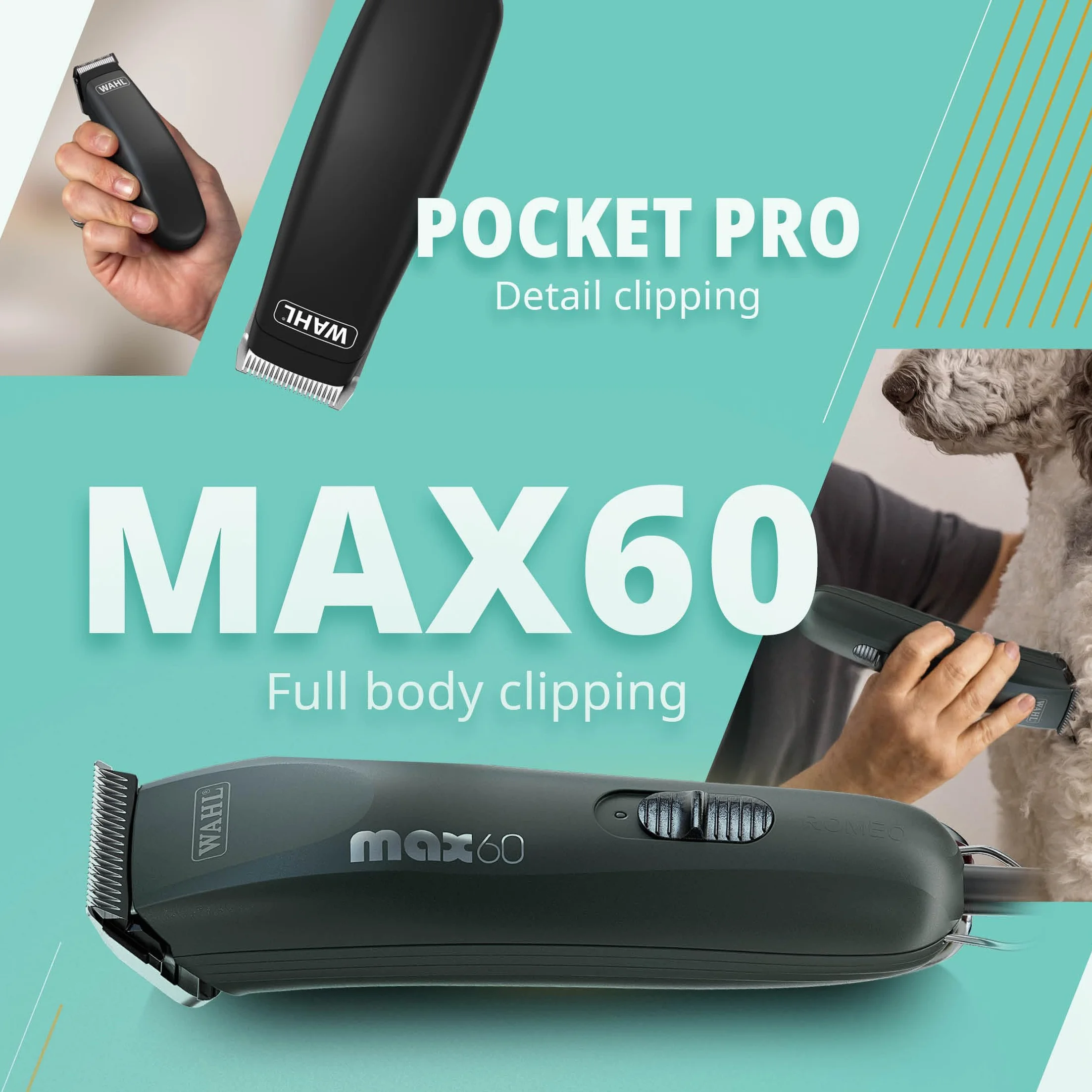 WAHL Zestaw do Strzyżenia Zwierząt Max60 + PocketPro, Maszynka i Trymer, Czarny