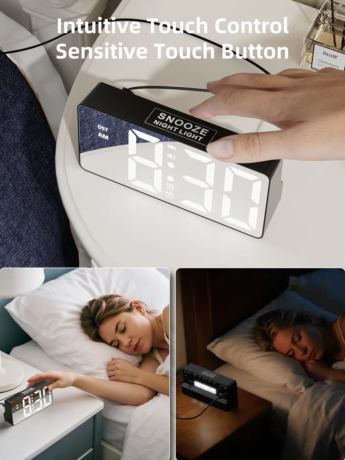 MINORZ Głośny budzik do głębokiego snu, budzik wibracyjny i lampka nocna, 3 tryby wibracji, podwójny alarm, drzemka, port ładowania USB, 12/24H i DST, idealny dla osób starszych niesłyszących