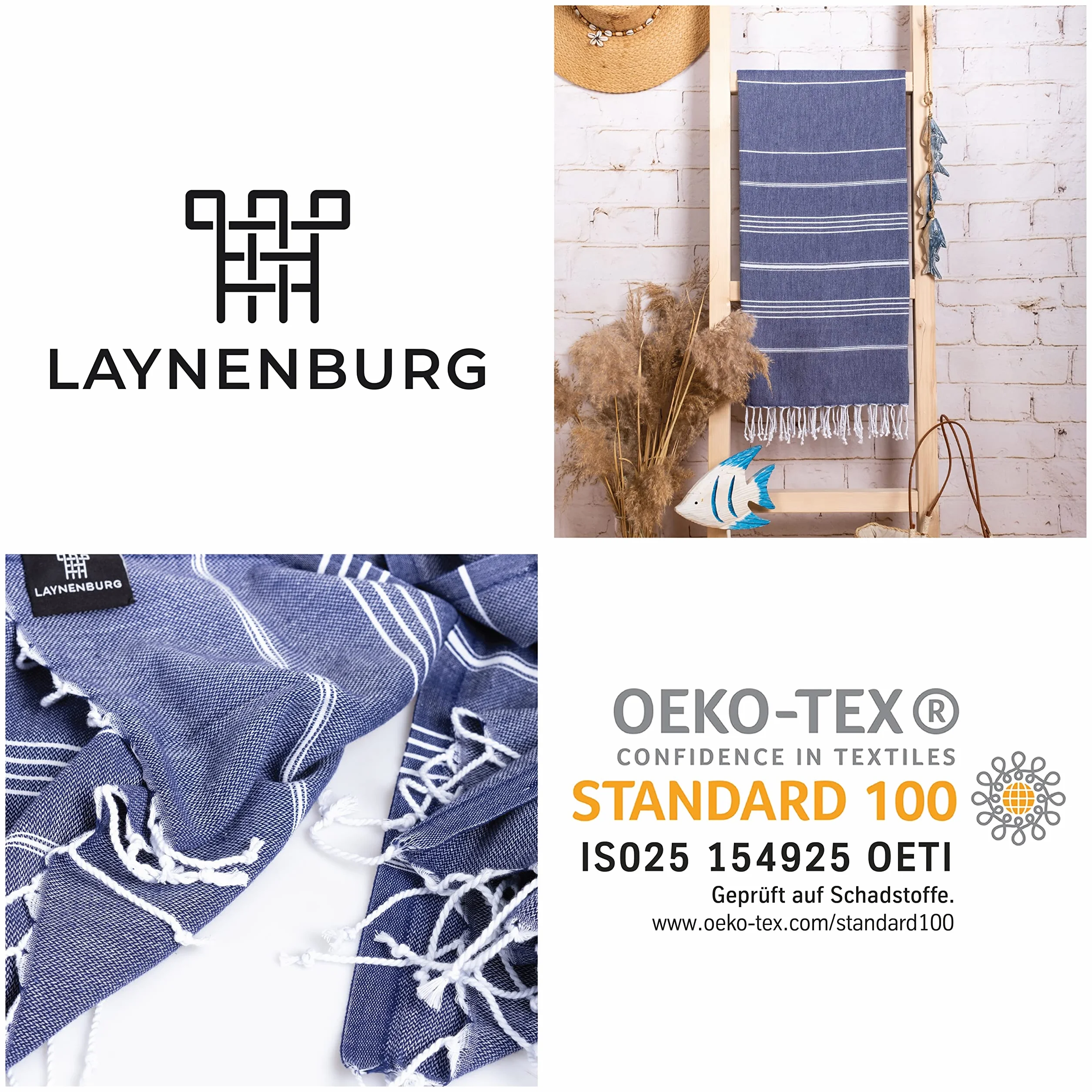 LAYNENBURG Ręcznik premium z ręcznie wiązanymi frędzlami, do łaźni tureckiej, sauny, plażowy, 100% bawełna, Oeko-Tex 100, podróżny, rozmiar XXL, 100 x 200 cm, 2 szt., pestemal, granatowy
