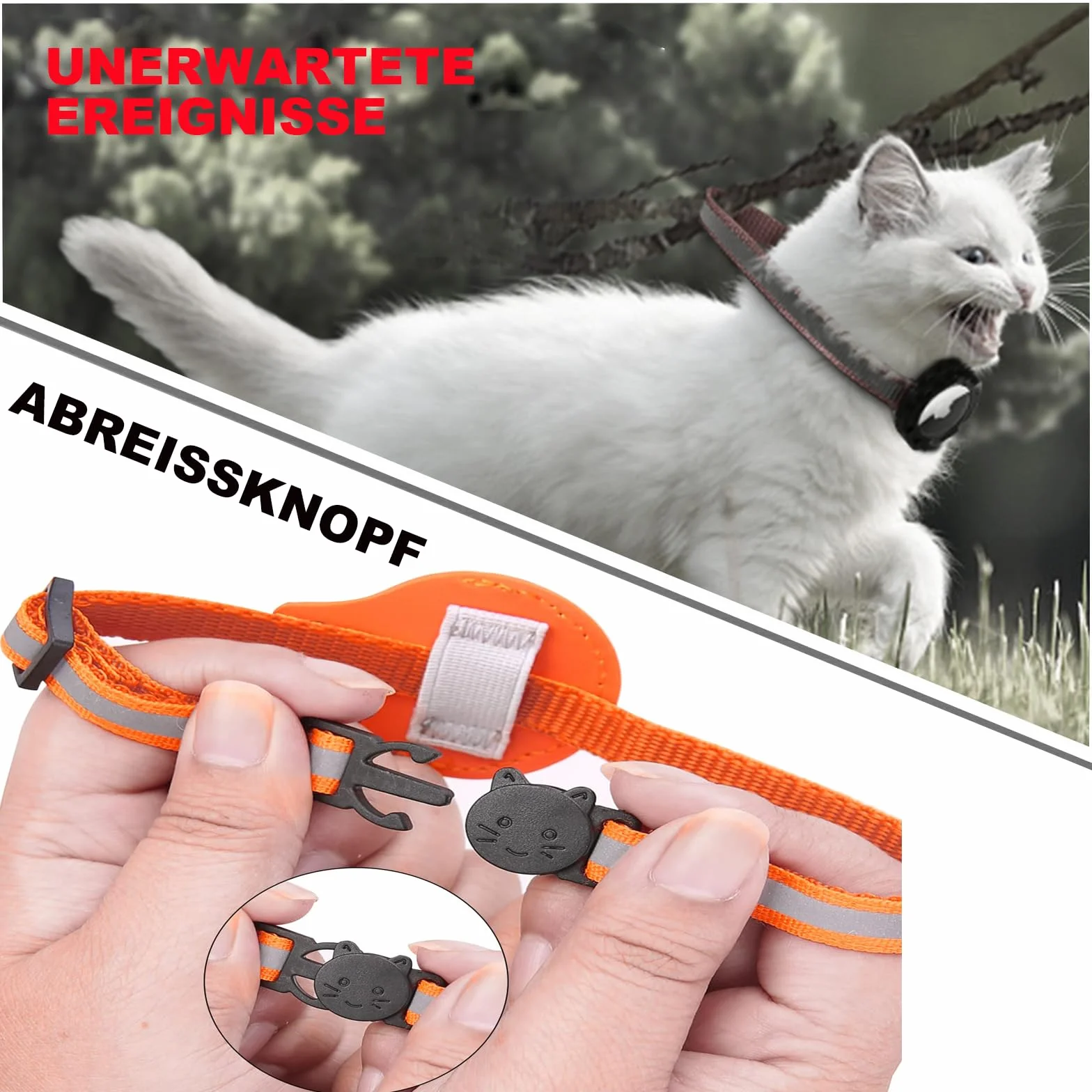 Obroża dla kota z uchwytem Airtag, nylonowa odblaskowa, regulowana 22-34 cm, pomarańczowa