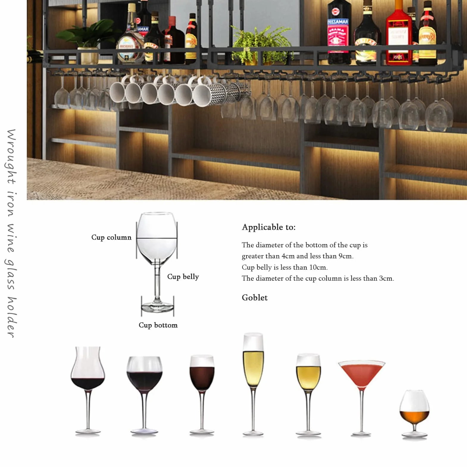 Wiszący barek sufitowy Stojak na wino, bar, restauracja, uchwyt na butelkę wina, wiszące w domu kieliszki Stojaki na kieliszki do szampana Sufit podwieszany Czarna ramka Duża półka do przech
