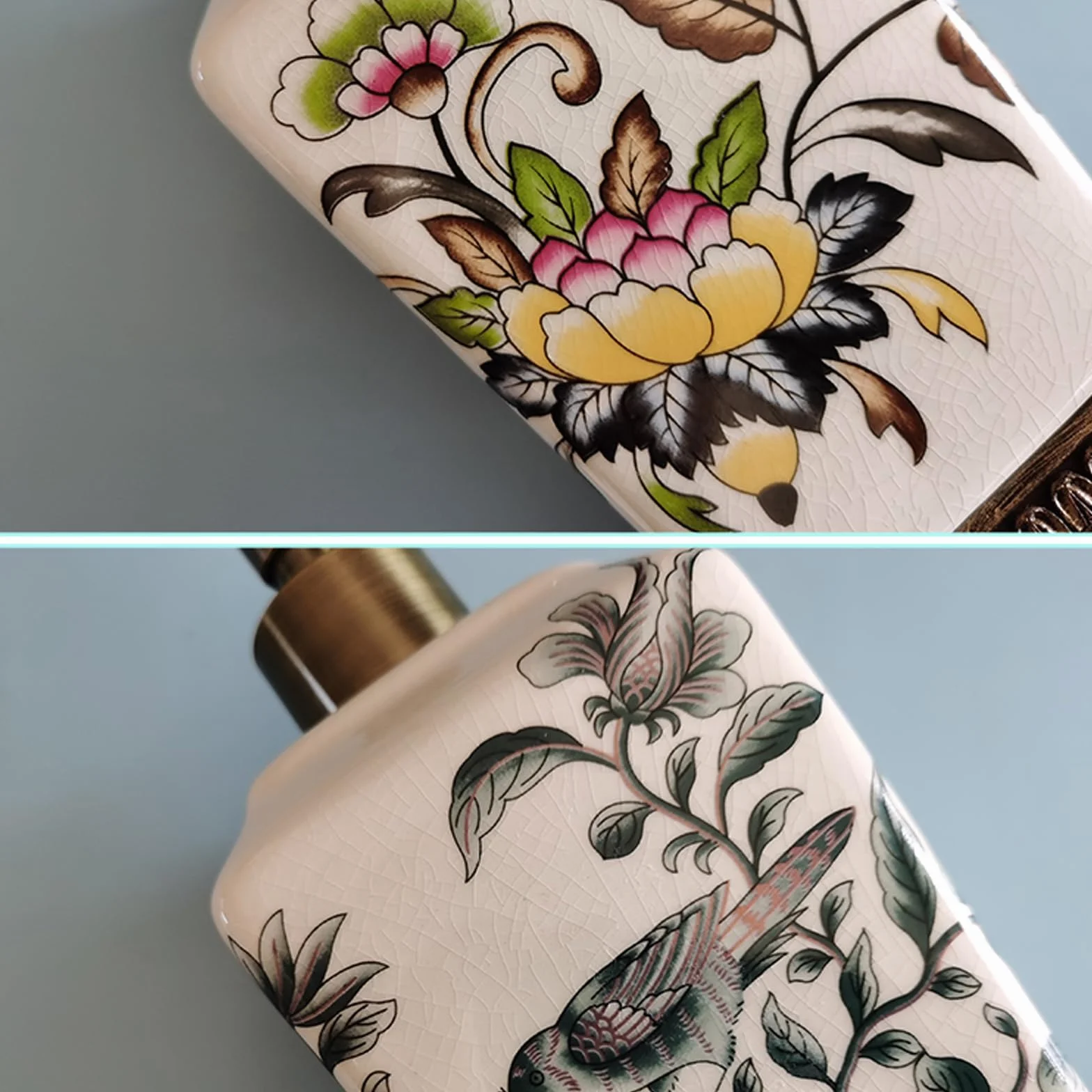 Ceramiczny dozownik balsamu, dozownik odżywki do szamponu, mydło do mycia ciała, spersonalizowane butelki z dozownikiem, do blatu łazienkowego (biały kwiatowy)