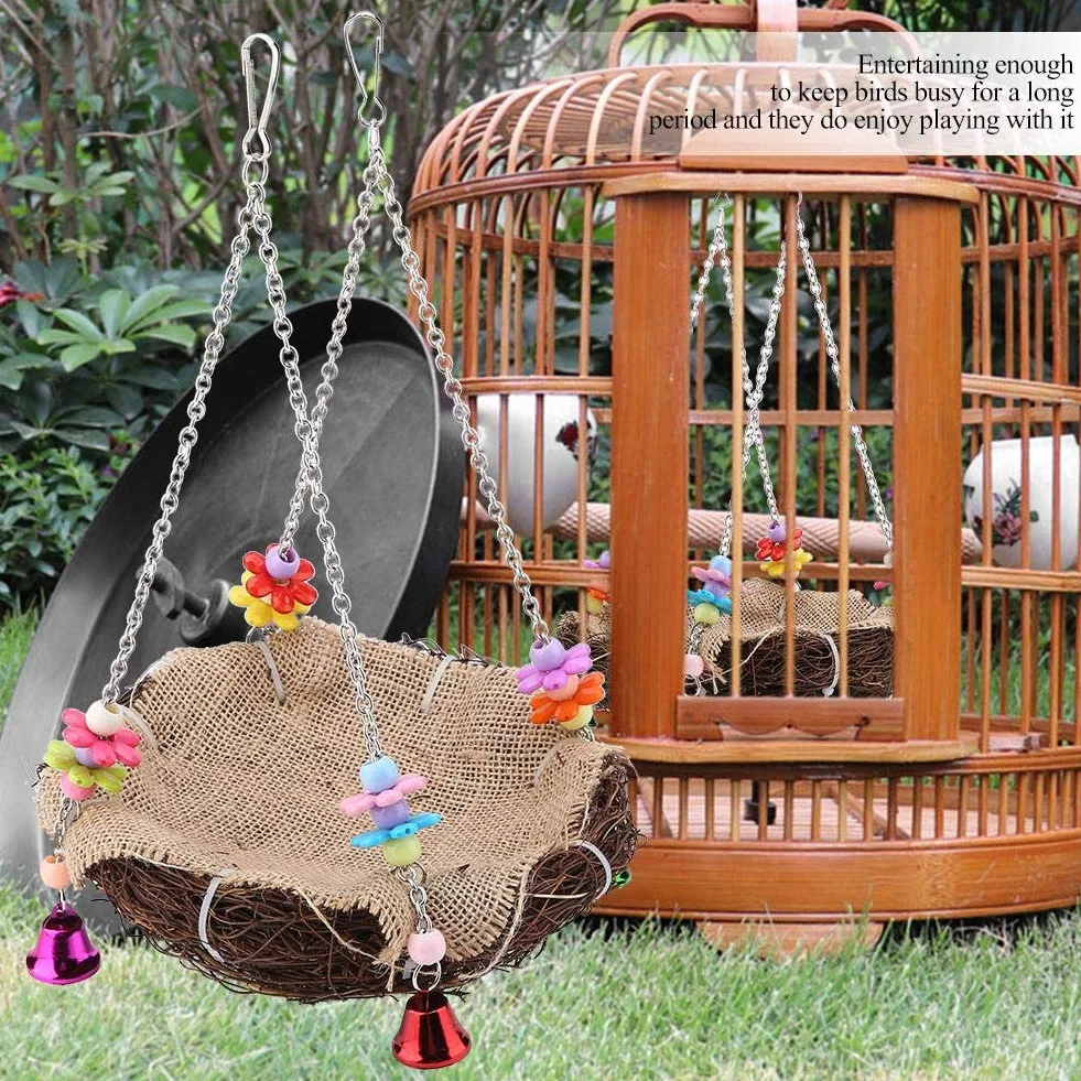 Ptasie Gniazdo Wisząca Zabawka Huśtawka z Dzwoneczkami Rattan Brązowy 20cm dla Papug