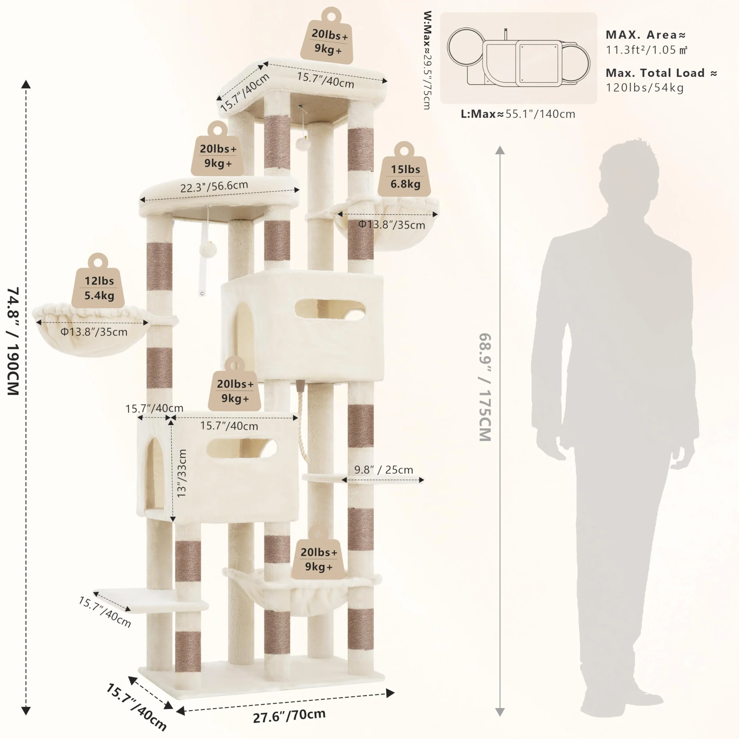 Heybly Drapak Kotów 190 cm XXL Przestronna Wysoka Wieża dla Kotów Zaprojektowana dla Dużych Kotów z Przestronną Górną Platformą Odpoczynkową 2 Domkami Hamakiem i Słupami z Sisalu, Beżowy HCT062MJ