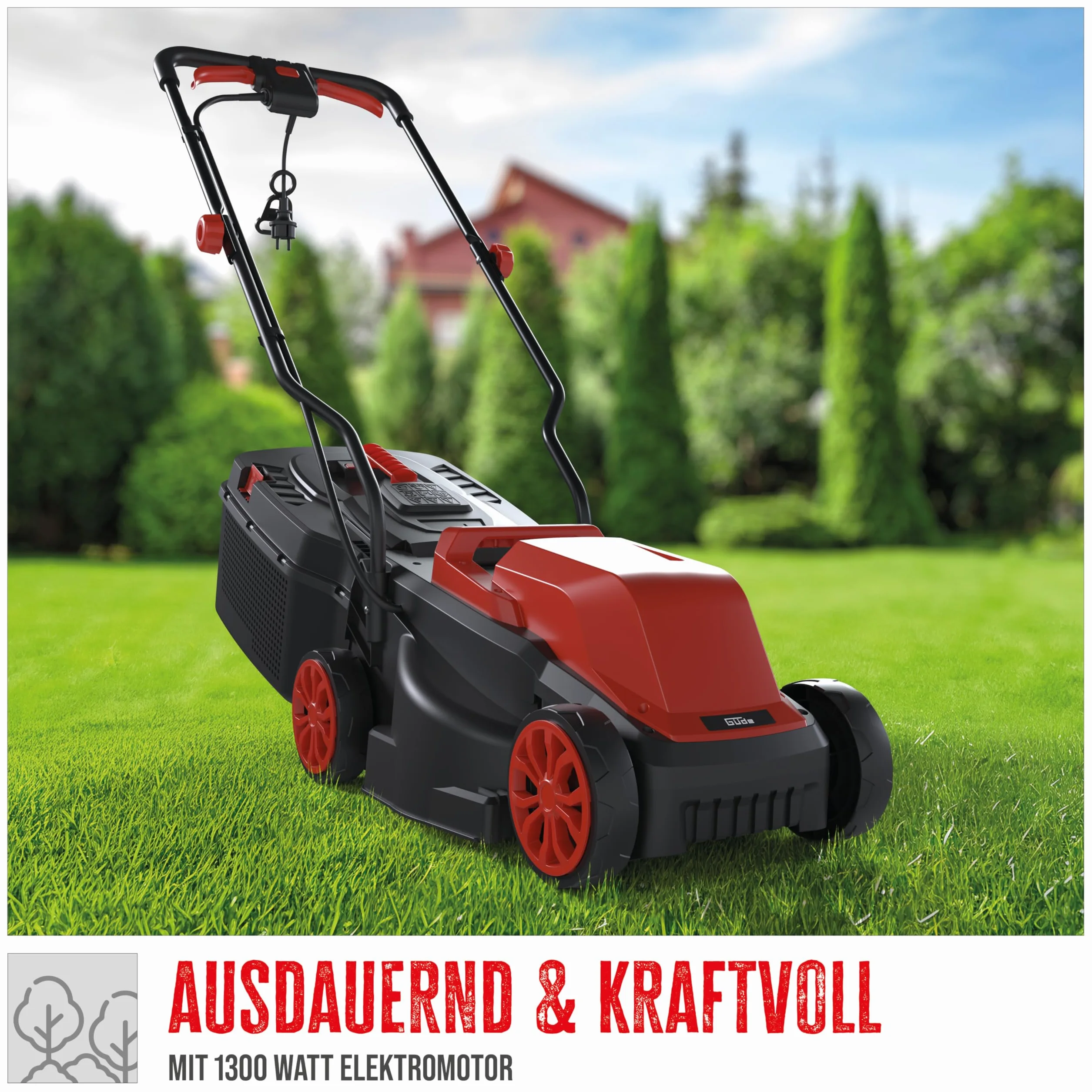 Güde Kosiarka elektryczna 320/1300 (230 V, 1300 W, prędkość obrotowa silnika 3500 obr./min, szerokość cięcia 32 cm, kosz na trawę 30 l, 3-stopniowa regulacja wysokości koszenia 25-65 mm, rozmiar opon