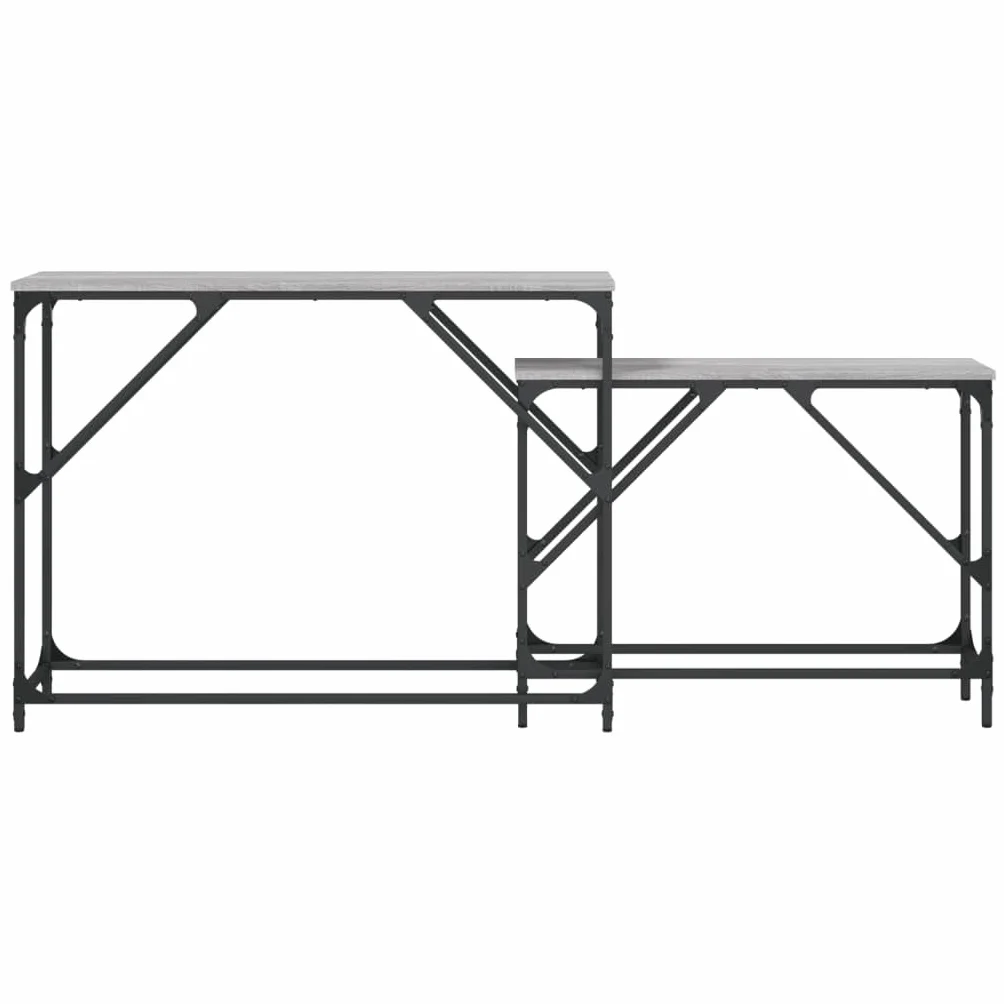 Stoły konsolowe, zestaw 2 sztuk, szary materiał drewnopochodny Sonoma, metalowa rama, szerokość 100/80 cm, stoliki pomocnicze do salonu, korytarza, przedpokoju, zajmują mało miejsca
