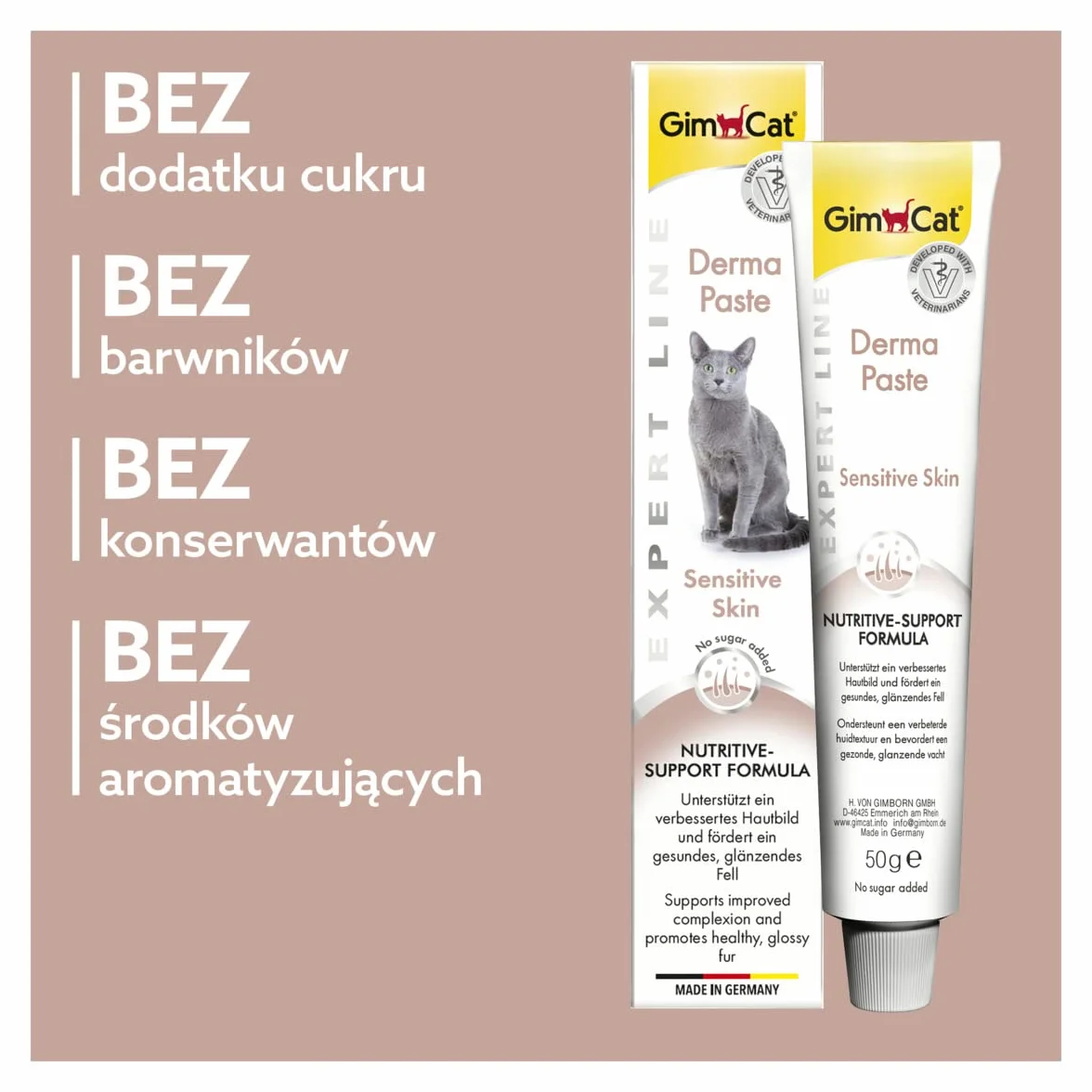 GimCat EXPERT LINE Derma pasta - Funkcjonalny przysmak dla kotów wspomagający zdrowie skóry i sierści - 1 tubka (1 x 50 g)