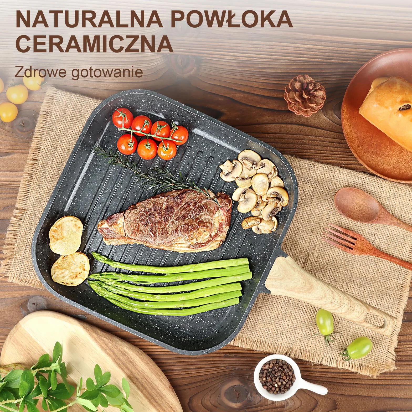 GiPP Patelnia grillowa 28 x 28 cm, patelnia do steków, patelnia grillowa indukcyjna odlew aluminiowy z powłoką zapobiegającą przywieraniu granitu, 100% bez PFOA, nadaje się do wszystkich rodzajów