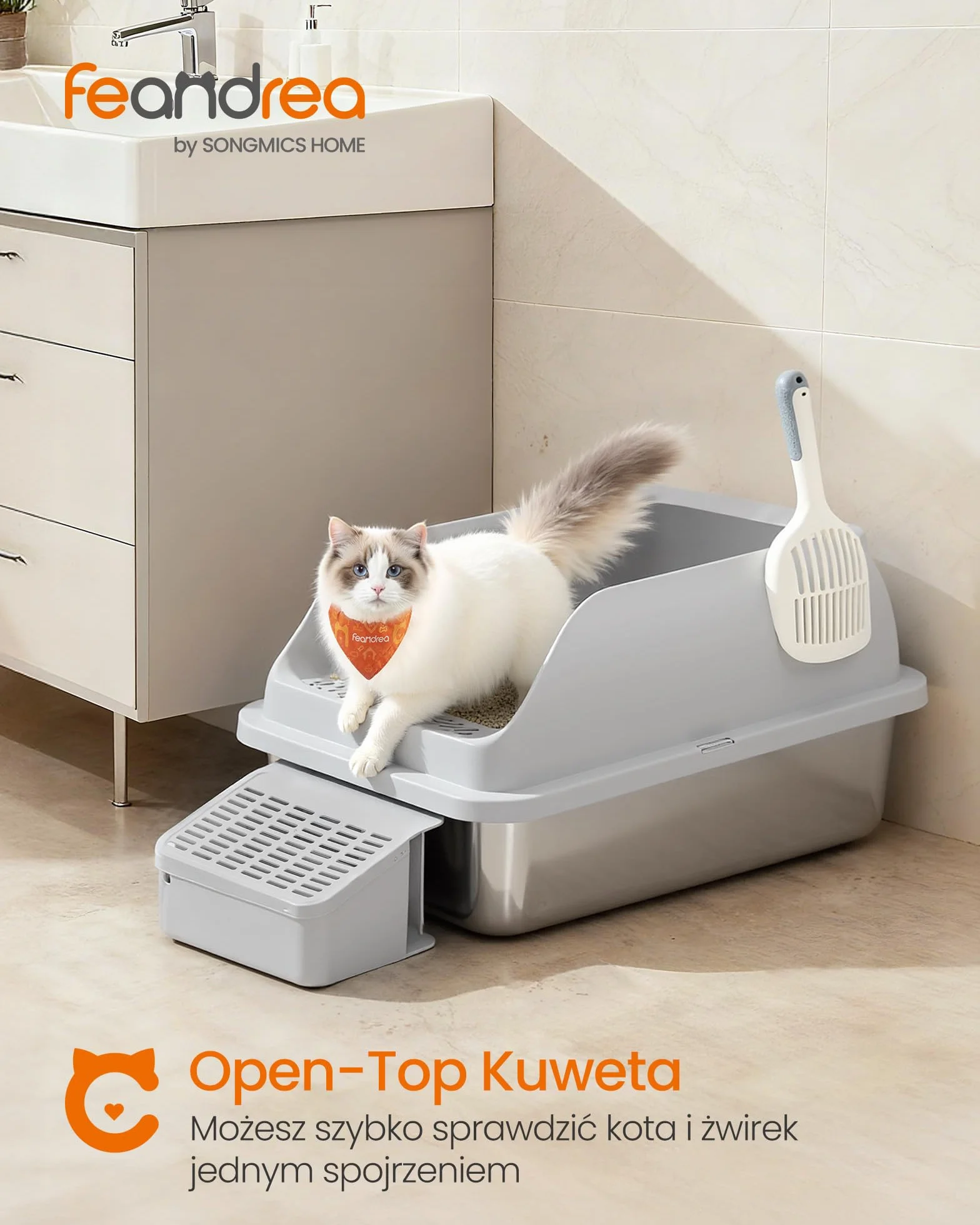 Feandrea Kuweta dla kota ze stali nierdzewnej, otwarta, wysokie boki, stopień, łopatka i szczotka, do 15 kg, gołębia szarość