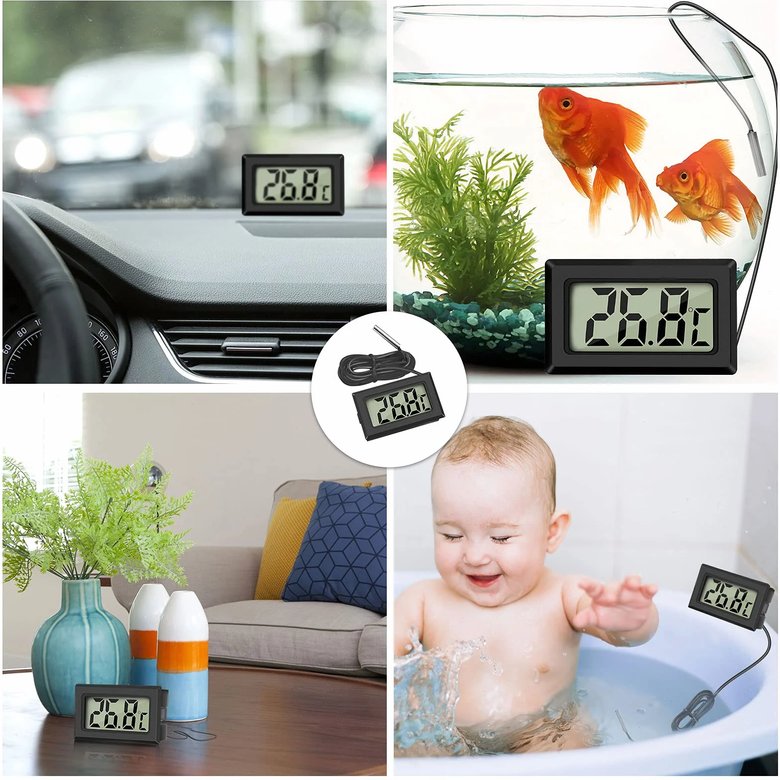Thlevel Mini cyfrowy LCD termometr temperatury wilgotności z zewnętrzną sondą wodoodporną do lodówki, zamrażarki, akwarium, 2 białe, 2 czarne, 4 szt