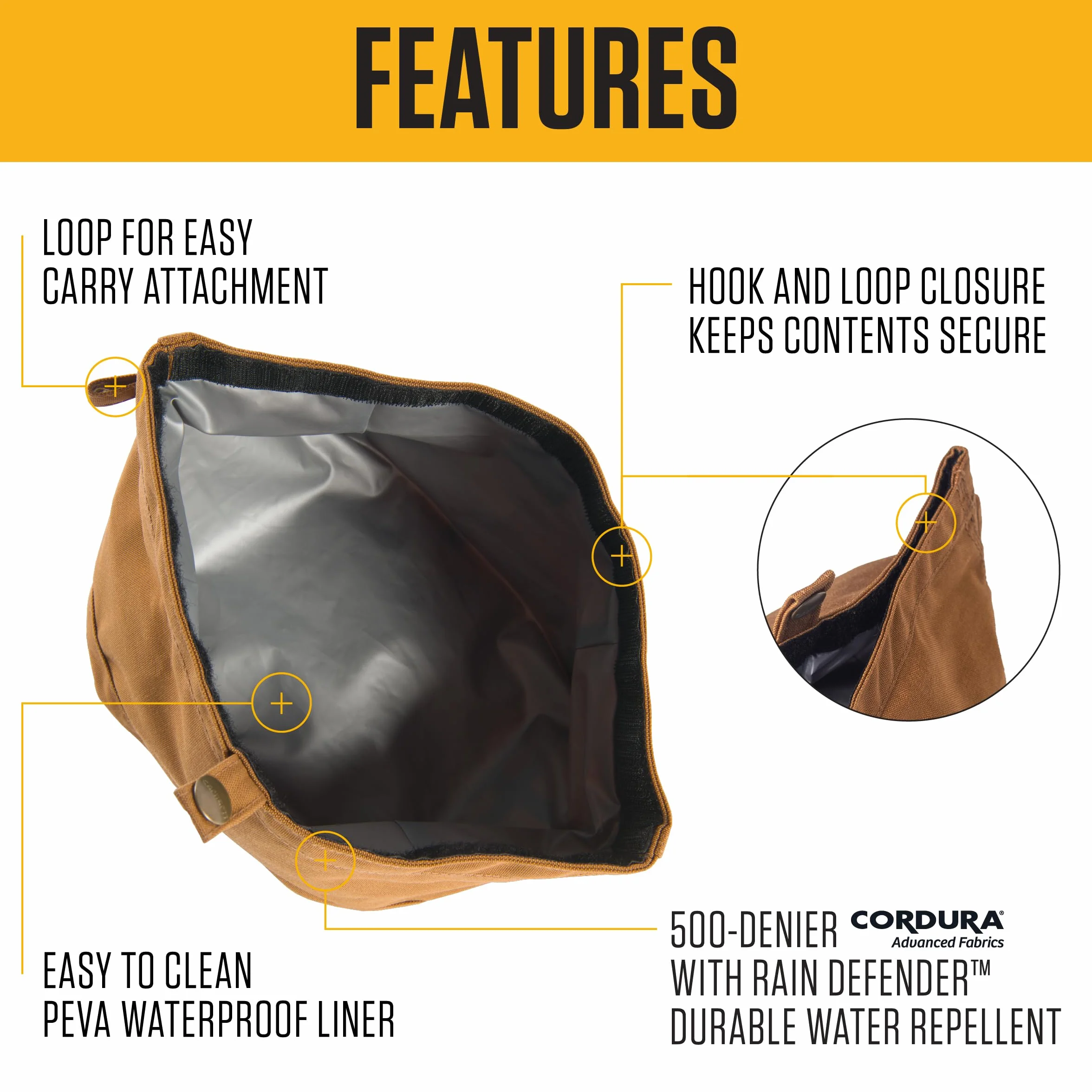 Carhartt Nylonowa miska podróżna dla psa, pakowalna miska dla psa na jedzenie i wodę, Carhartt Brown, pojemność 10 filiżanek