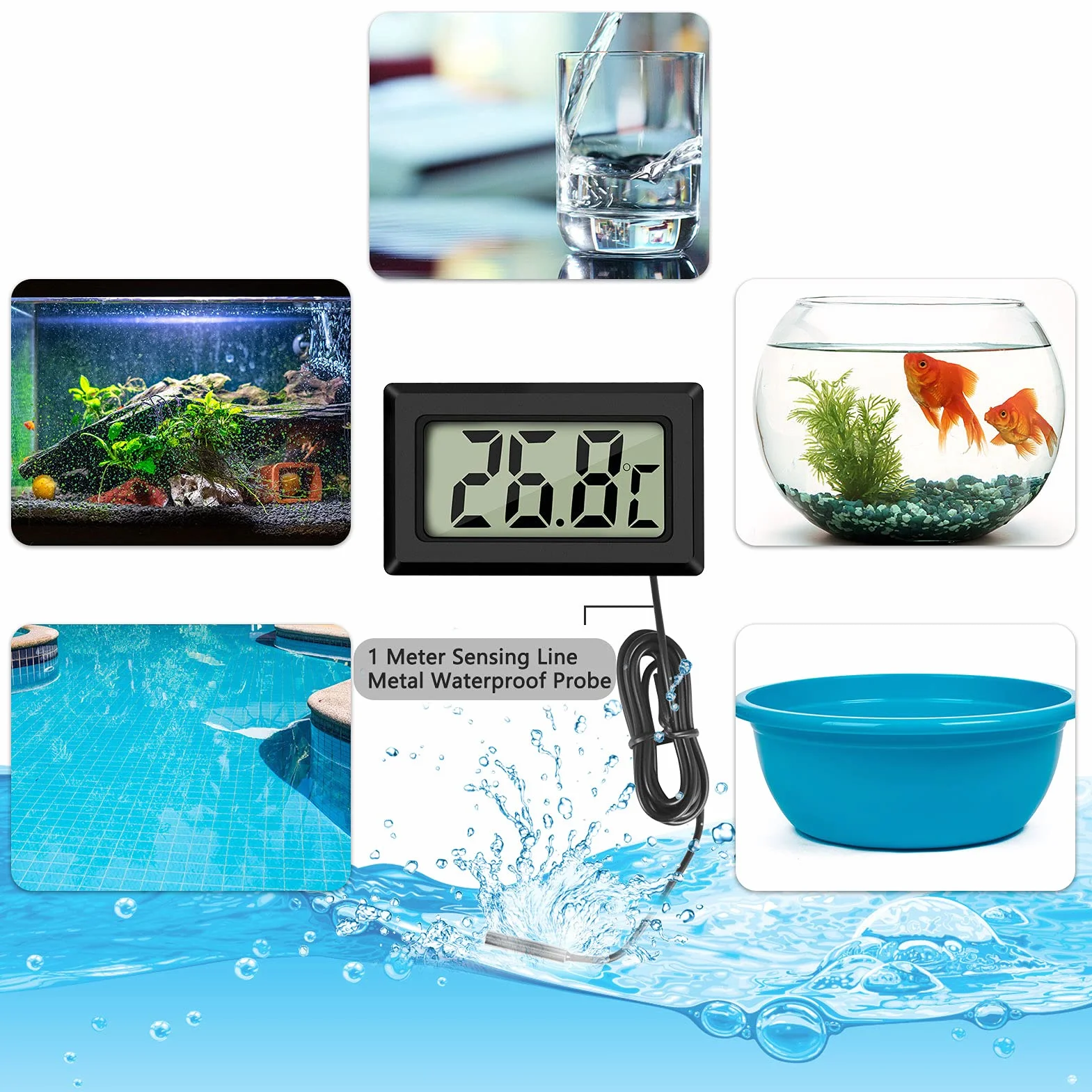 Thlevel Mini cyfrowy LCD termometr temperatury wilgotności z zewnętrzną sondą wodoodporną do lodówki, zamrażarki, akwarium, 2 białe, 2 czarne, 4 szt