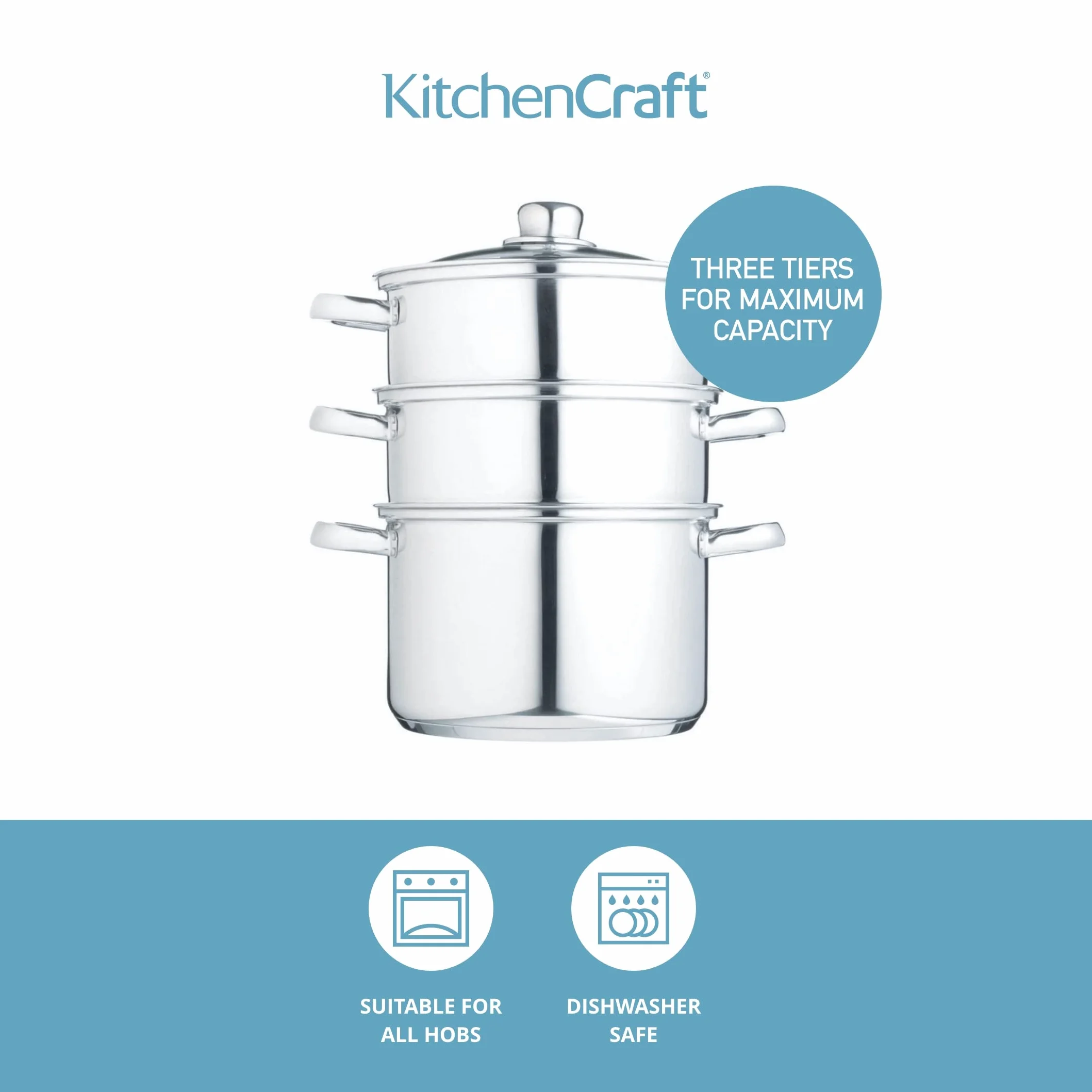KitchenCraft Zestaw 3 garnków, parowar/garnek do zupy, 3-stopniowy, z zabezpieczeniem indukcyjnym, stal nierdzewna, w pudełku prezentowym, 22 cm (9"), srebrny