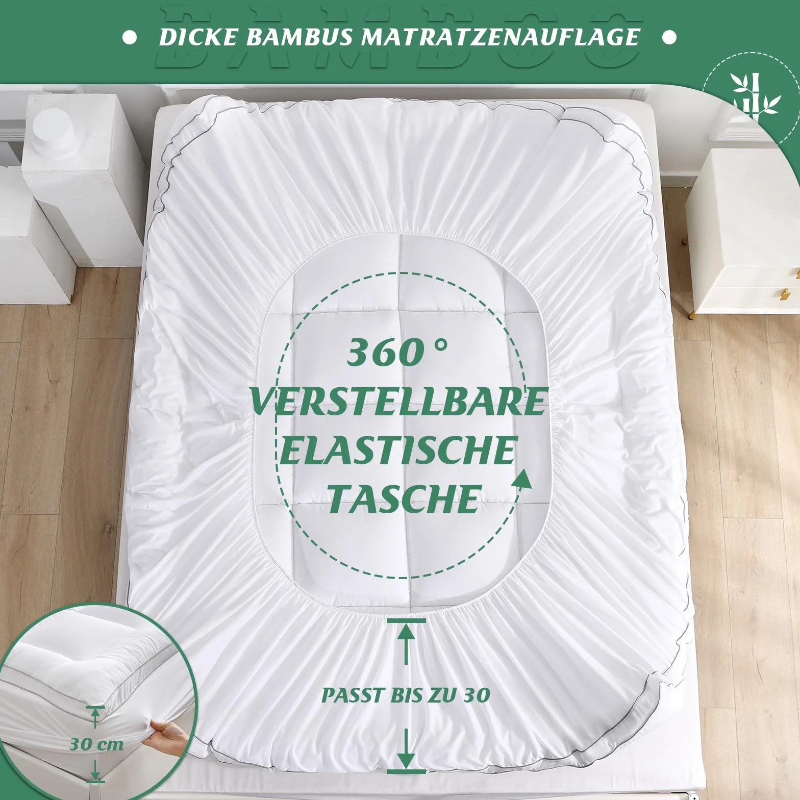 Materac nawierzchniowy 150 x 200 cm, wiskoza z bambusa, bardzo gruba, bardzo miękka nakładka na materac, głęboka kieszeń, rozciąga się do 30 cm, oddychająca i Öko-Tex