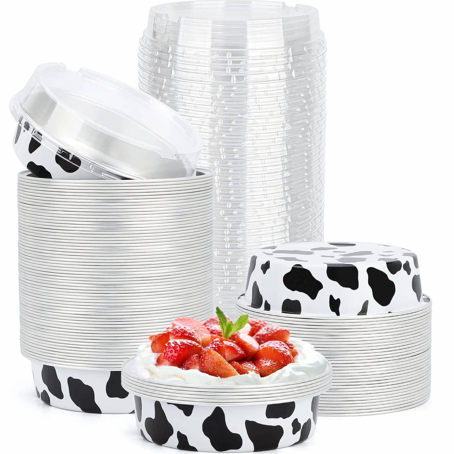 Beasea 100 szt. mini foremek do ciast jednorazowych 10 cm z pokrywkami, aluminiowe, czarno-białe, do muffinek, sernika, quiche