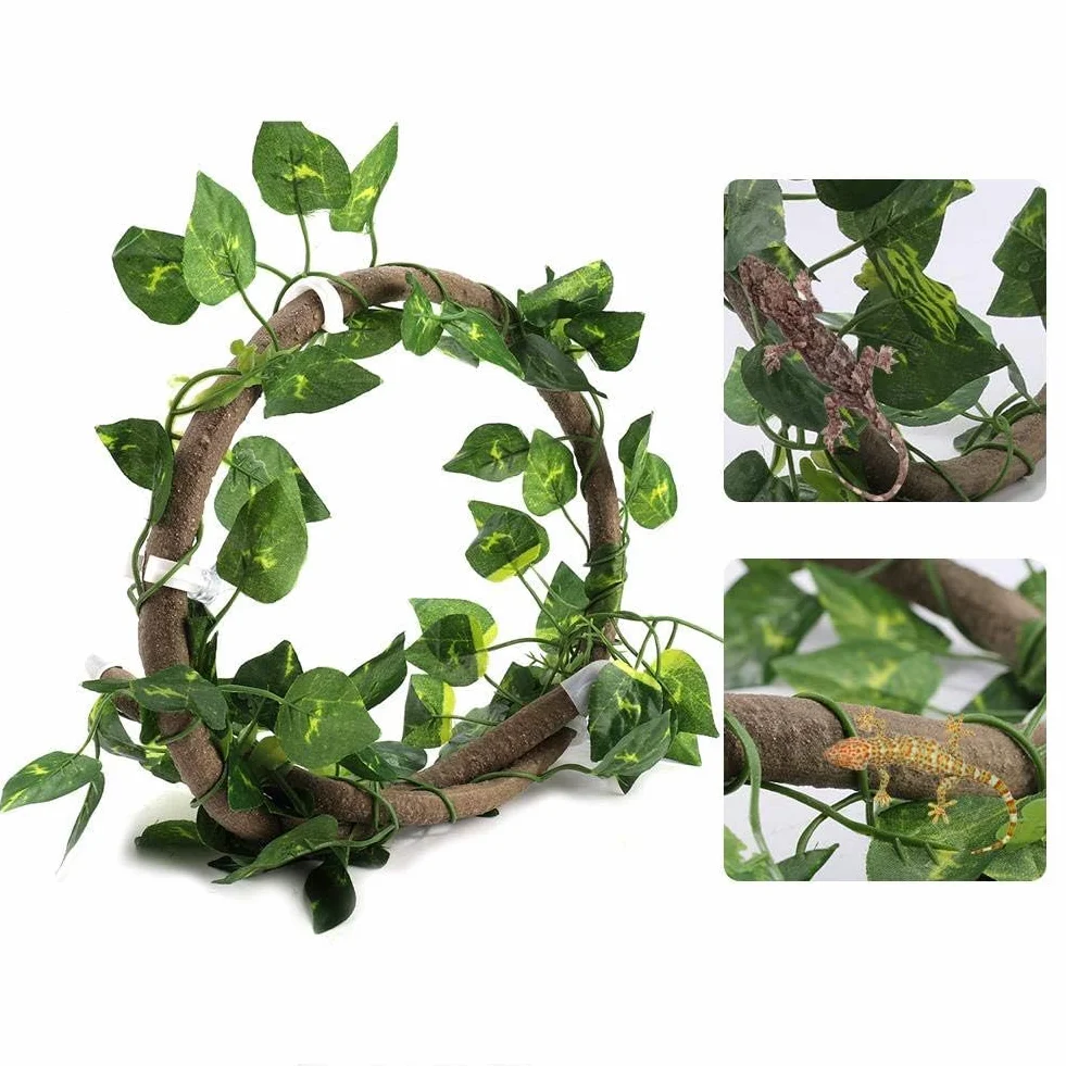 Gad elastyczny oddział wspinaczkowy dżungla Terrario Rattan Habitat Decor z przyssawkami i liśćmi 3.28ft
