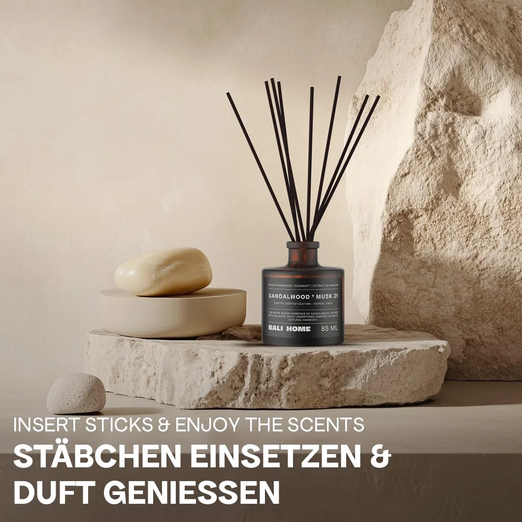 Bali Home Sandalwood Musk – luksusowy zapach do pomieszczeń z drzewem sandałowym i korzennymi aromatami – aromatyczny dyfuzor z pałeczkami zapachowymi – uspokajający zapach do stylowych pomieszczeń