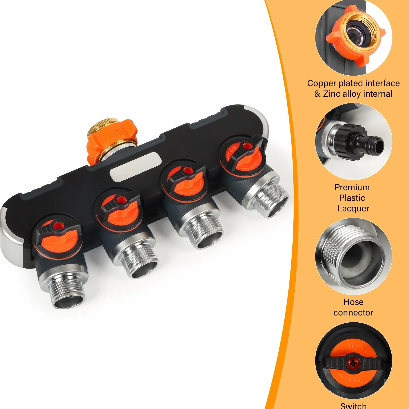 Rozdzielacz 4-drożny – Rozdzielacz wody 3/4" i 1/2" z zaworem kranowym do jednoczesnego podłączenia 4 urządzeń, regulowany przepływ wody, adapter do nawadniania ogrodu.