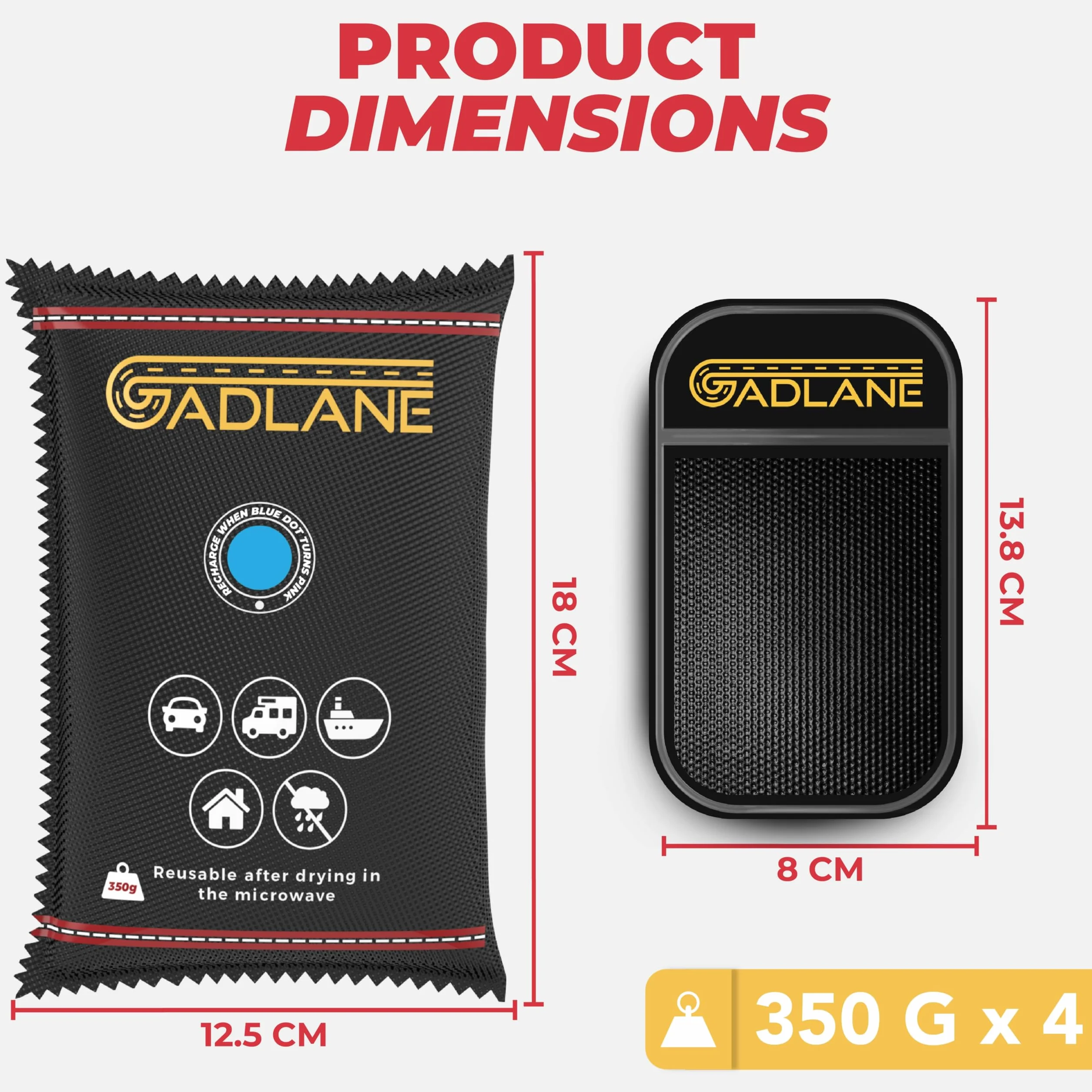 GADLANE Osuszacz samochodowy wielokrotnego użytku, 350 g, 4 sztuki, pochłaniacz wilgoci z deską rozdzielczą, antypoślizgowa mata, eliminuje zamgloną przednią szybę